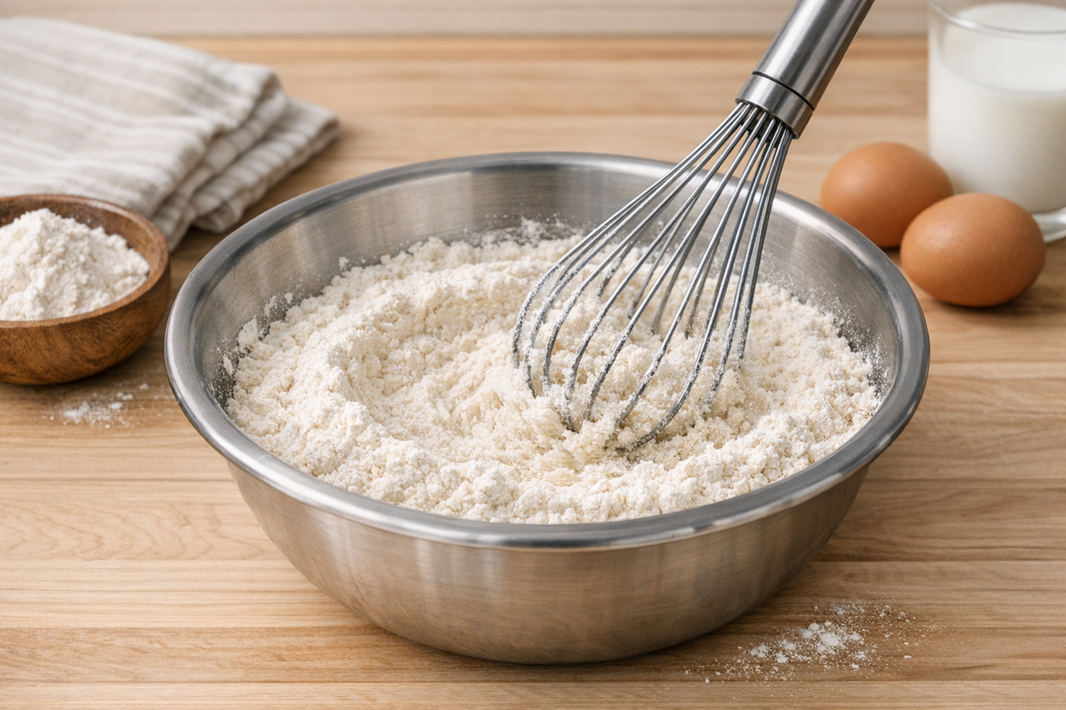 ボウルに入った小麦粉を泡立て器で混ぜる様子
