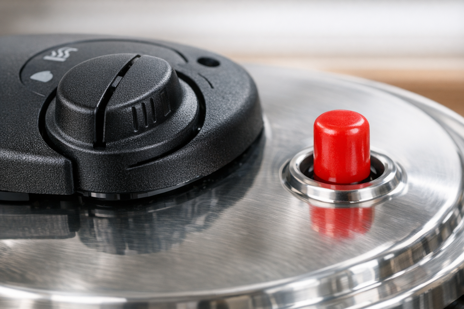 ティファール圧力鍋の蓋にあるセレクター（つまみ）と赤いピンの拡大写真