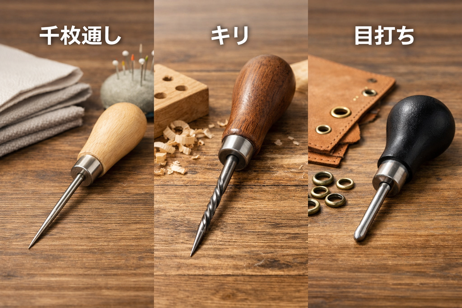 料理道具・工具としての千枚通しとキリや目打ちとの比較画像