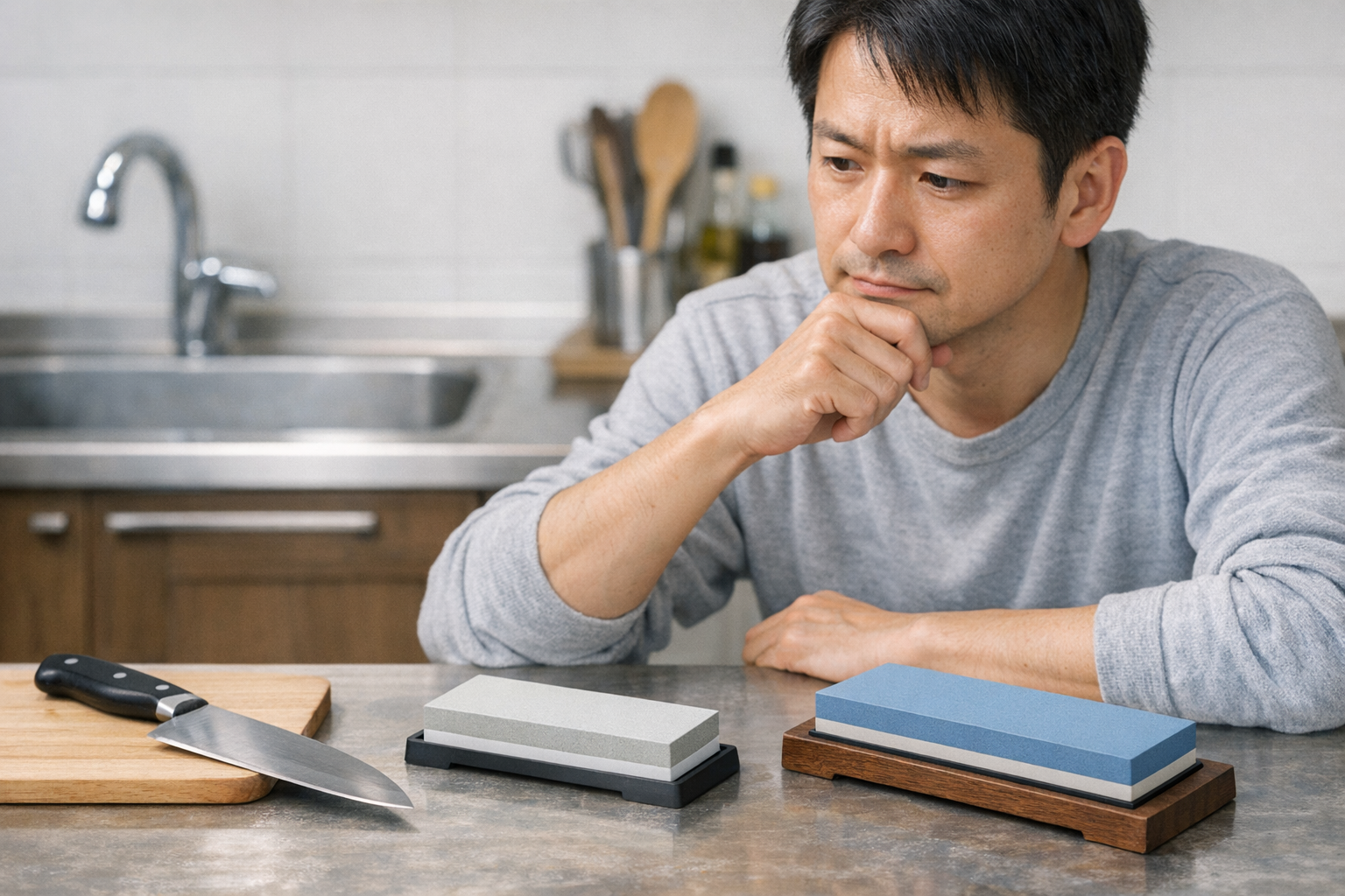 砥石を100均で購入しようか迷っている人が、台所の包丁を前に検討している様子