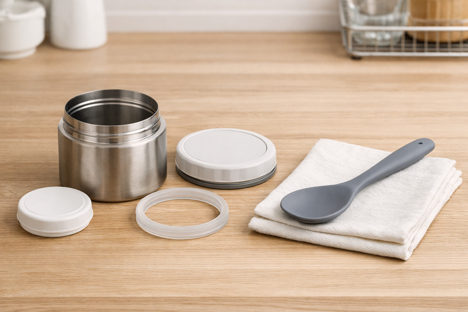 スープジャーのお手入れパーツとシリコーンスプーンの組み合わせイメージ