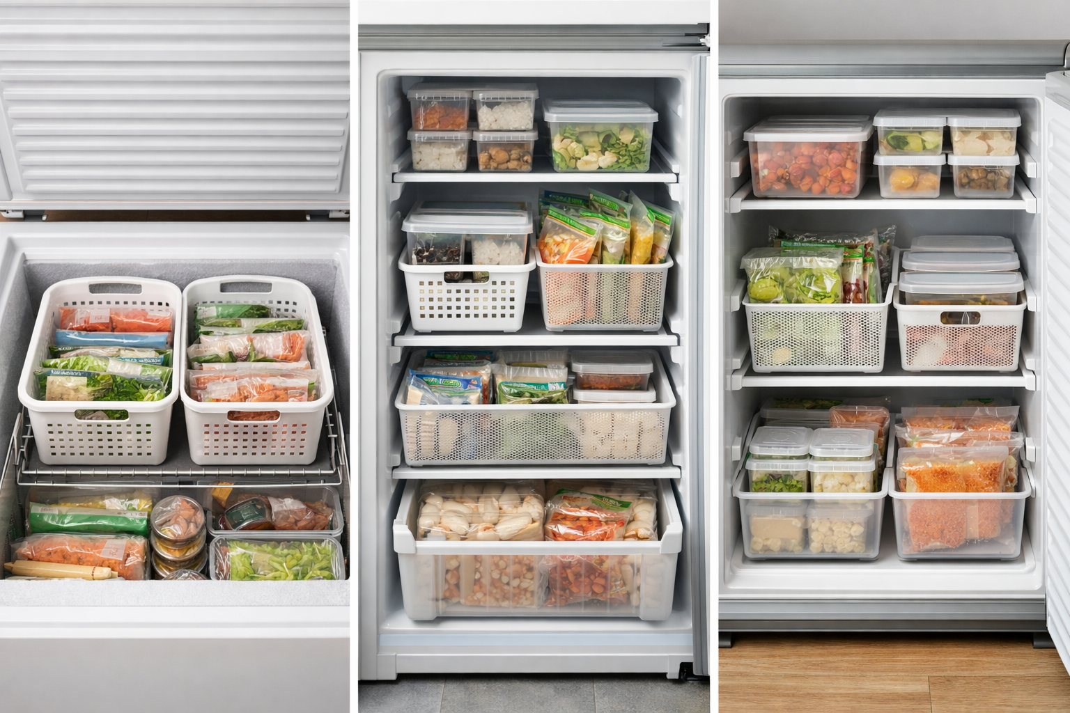 上開き冷凍庫や縦型冷凍庫など、異なる形状の冷凍庫内で100均アイテムを活用している比較図