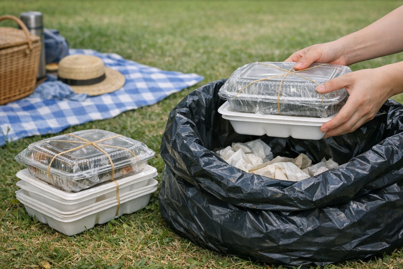 ピクニックの帰りに、空になった使い捨て容器を重ねてゴミ袋にまとめている様子