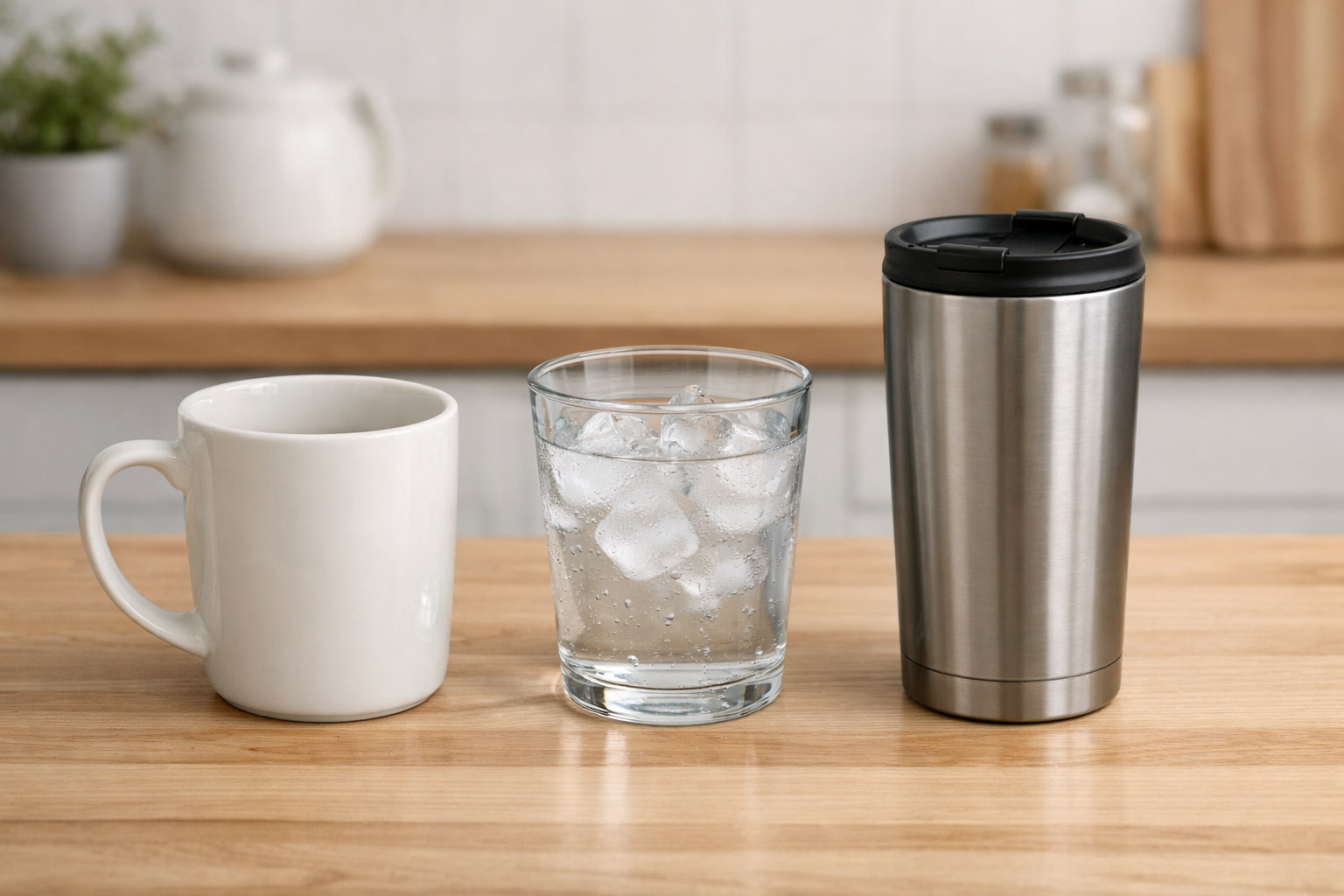 陶器のマグカップ、ガラスのコップ、ステンレスのタンブラーを並べて用途の違いを表現した写真