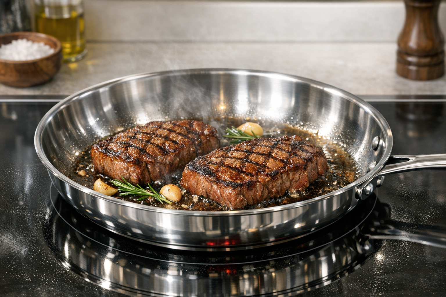 ピカピカに磨かれたオールステンレス製のフライパンで肉を焼いている様子