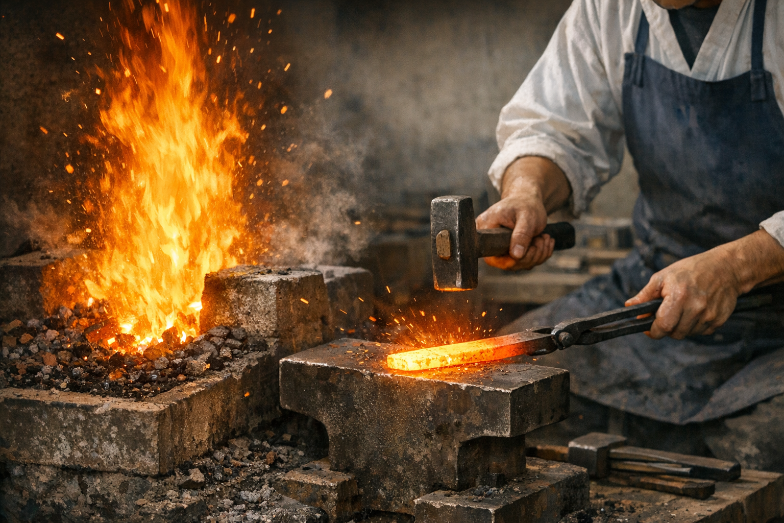 たたら製鉄の炎と、熱された鋼を鍛造する刀鍛冶の様子