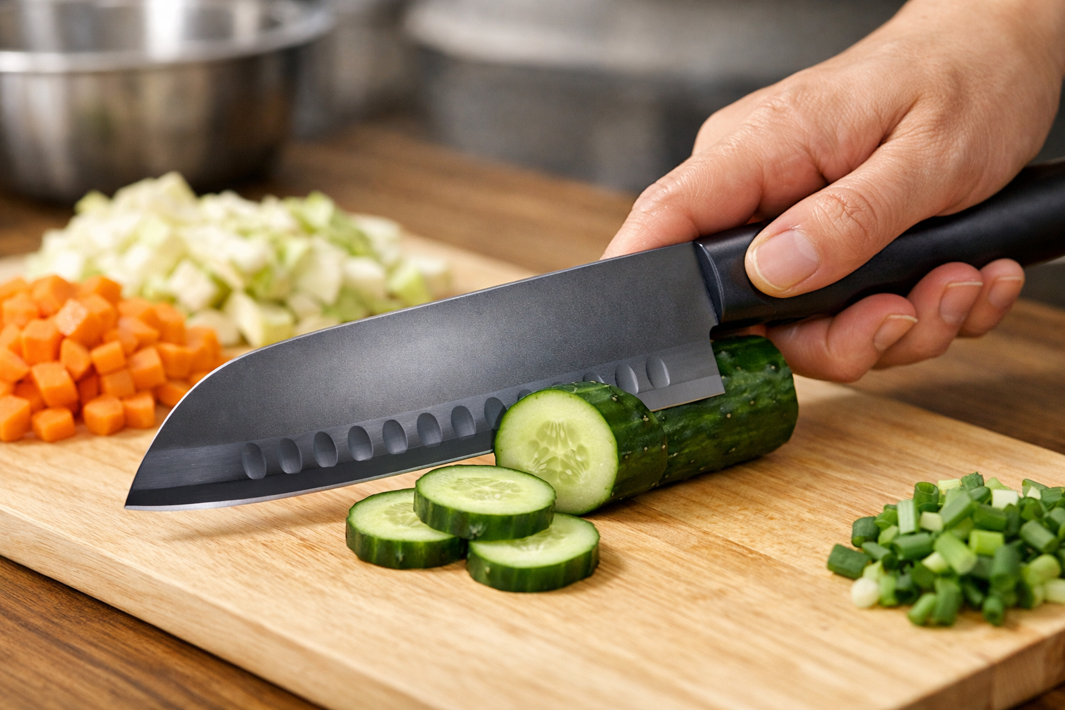 三徳包丁で野菜を刻んでいる調理シーンの接写