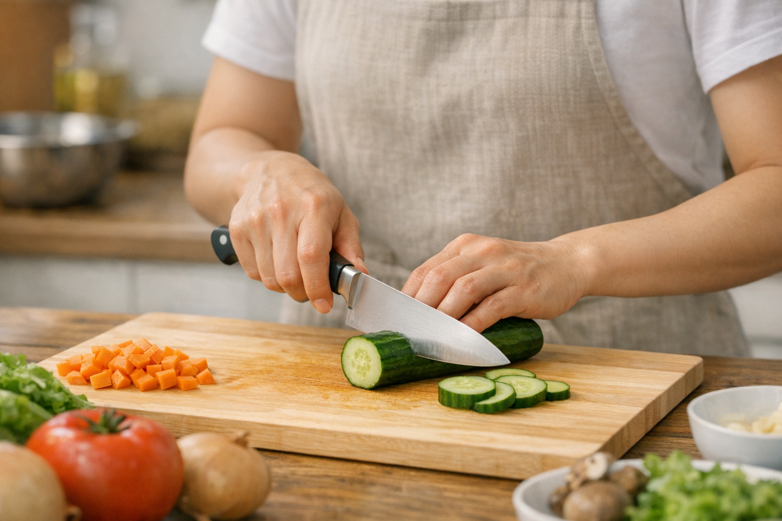 まな板に向かい、正しい姿勢と手つきで包丁を握っている調理風景のイラスト