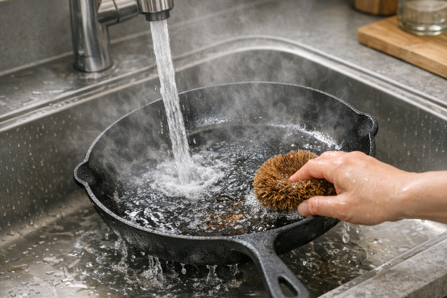 温かい状態の鉄フライパンを、流水の元でたわしを使ってこすり洗いしている様子