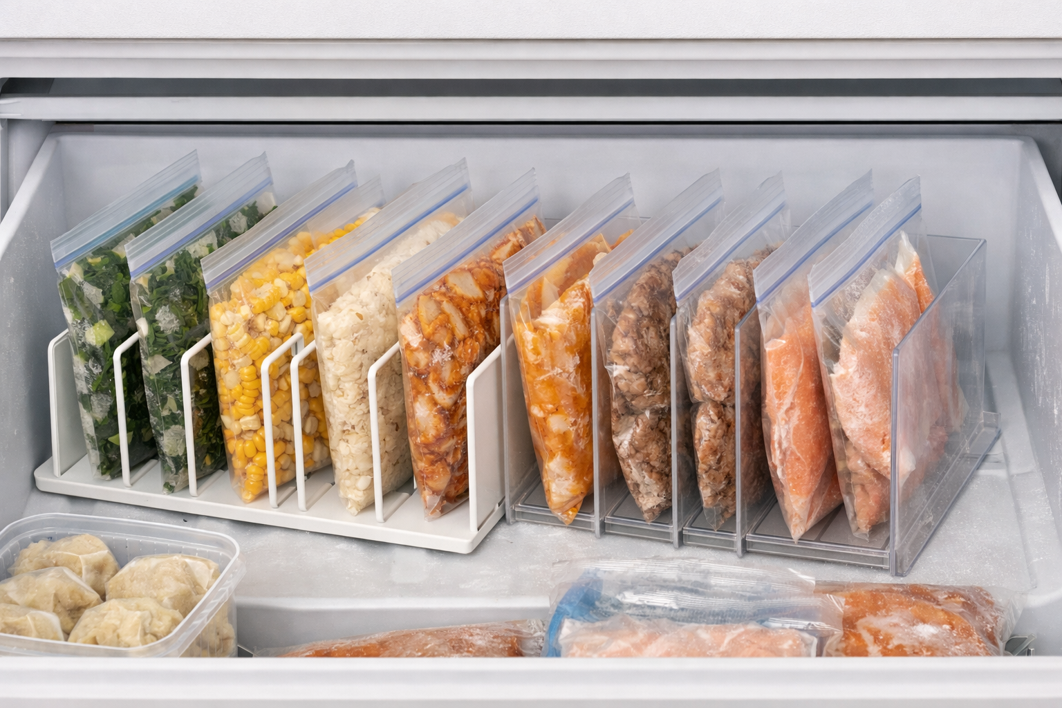 フリーザーバッグに入った食材が、100均のブックスタンドや仕切り板を使って綺麗に立てて収納されている様子
