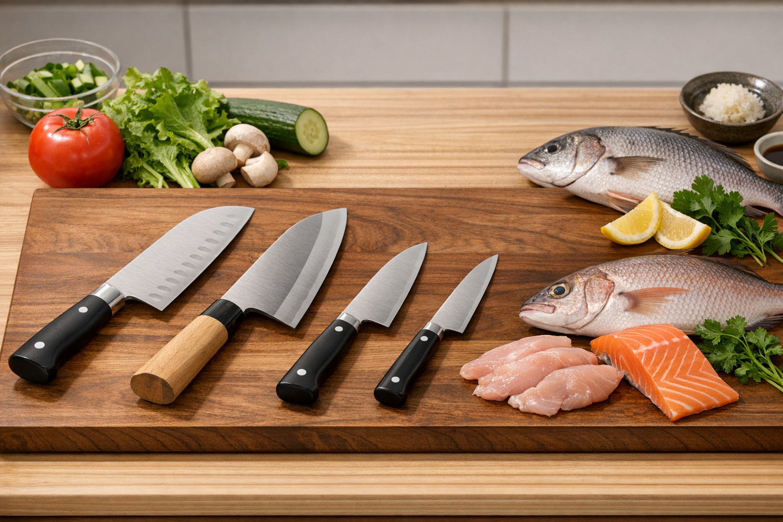 まな板の上の新鮮な食材と、用途ごとに使い分けられる様々な種類の包丁