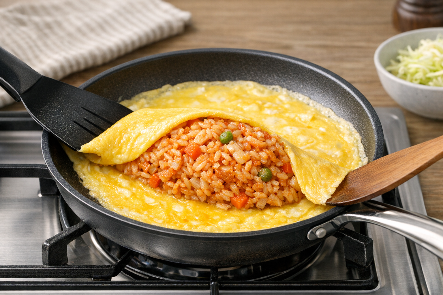 20cmのフライパンで薄焼き卵が作られ、チキンライスが包まれようとしている様子