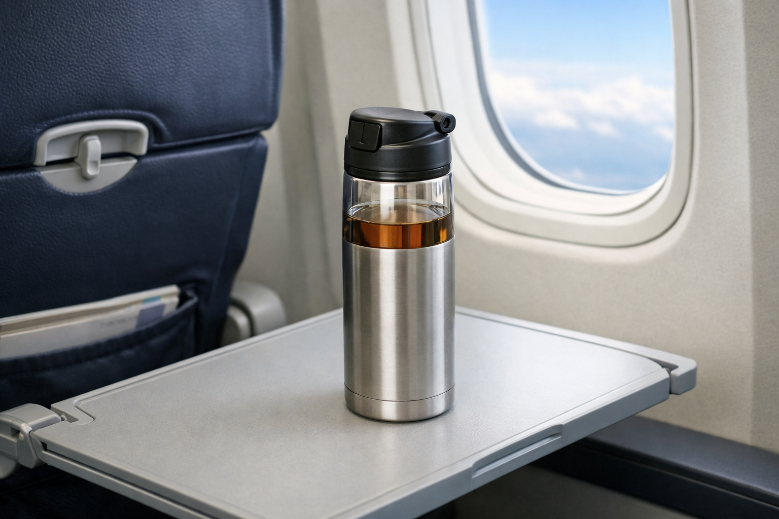 機内の座席のテーブルに、飲み物の入ったステンレス製水筒が置かれている様子