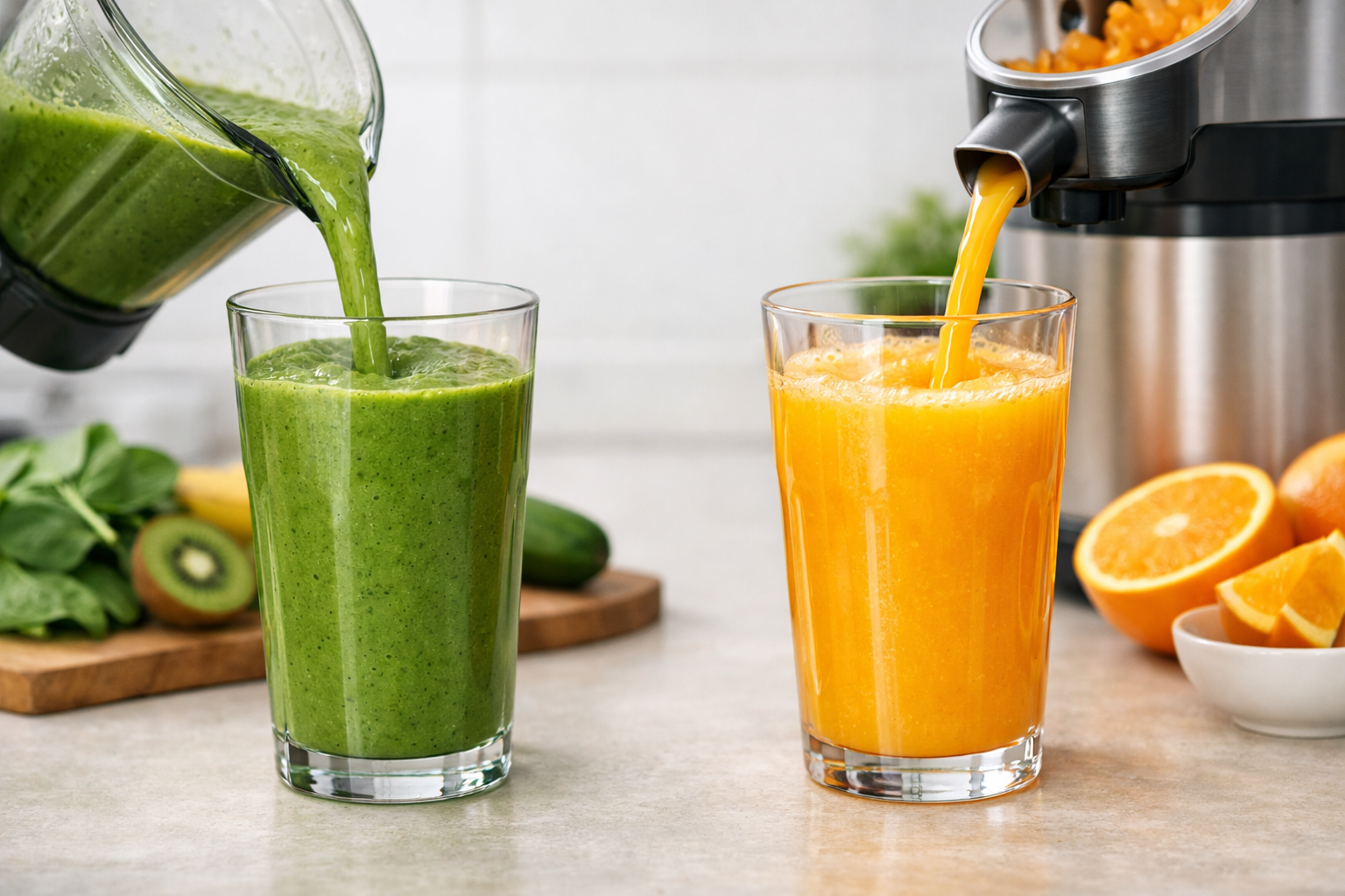 完成したスムージーとフレッシュジュースがグラスに注がれているイメージ