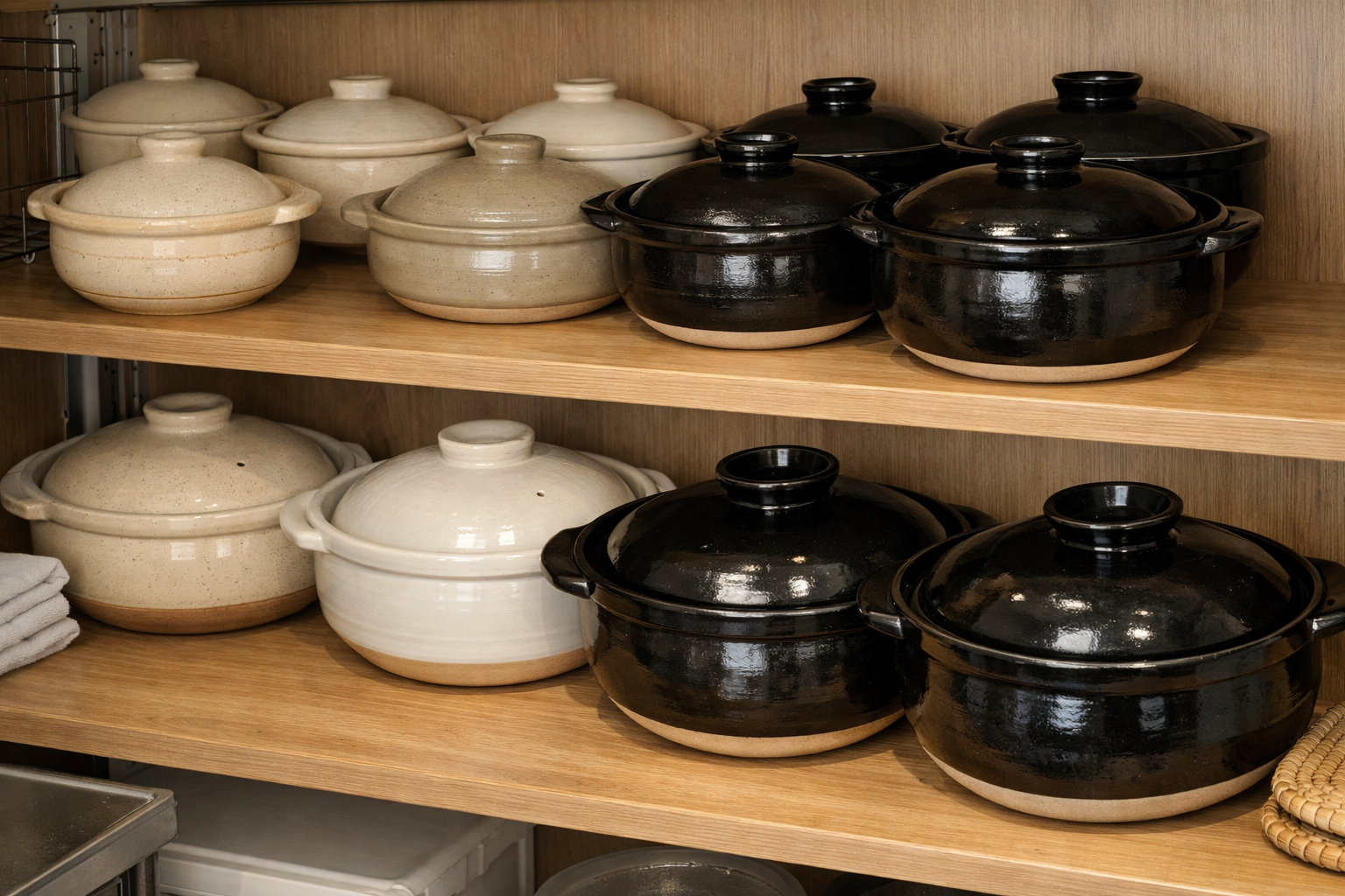 きれいに洗われて乾燥させられ、棚に整然と収納されている土鍋の様子