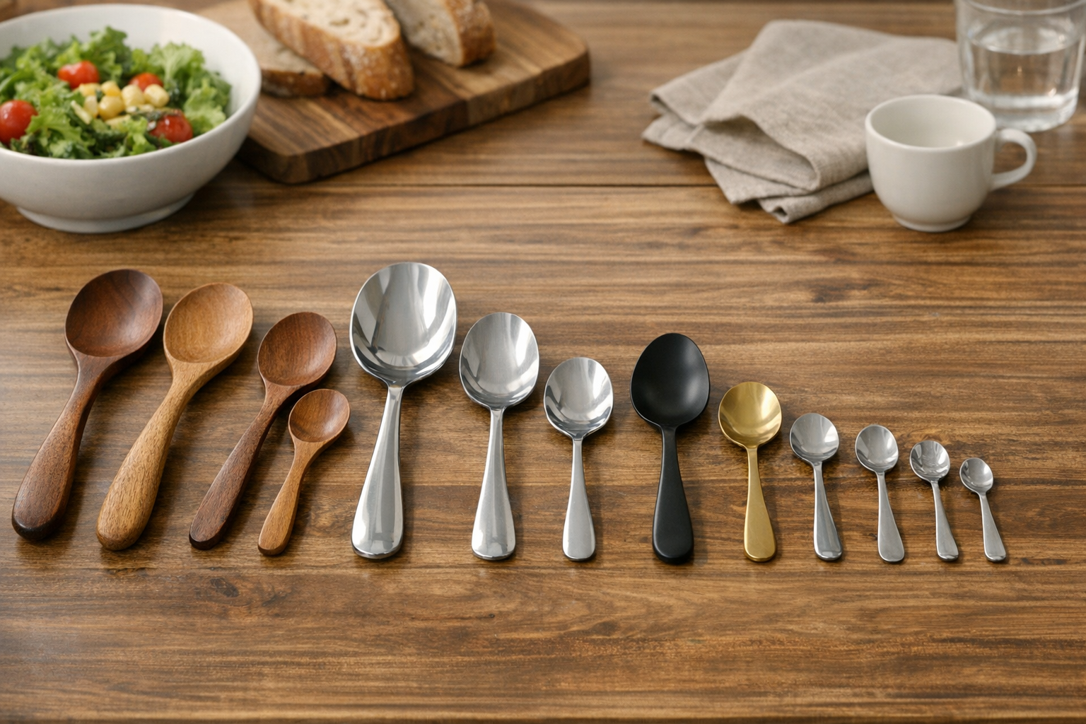 木製やステンレス製など、さまざまな種類とサイズのスプーンが食卓に並んでいる様子
