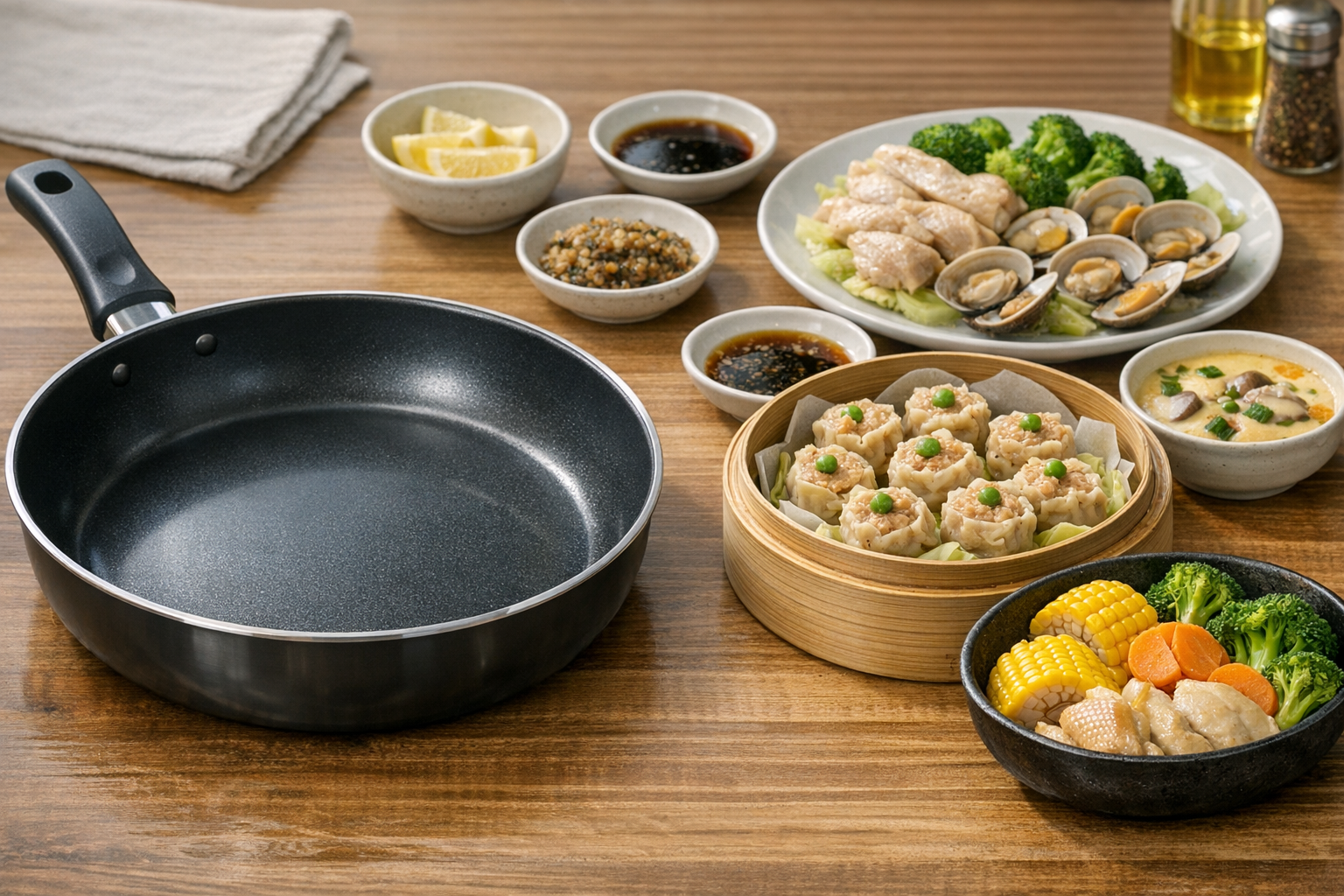 清潔なフライパンと様々な蒸し料理が並んだ食卓の風景