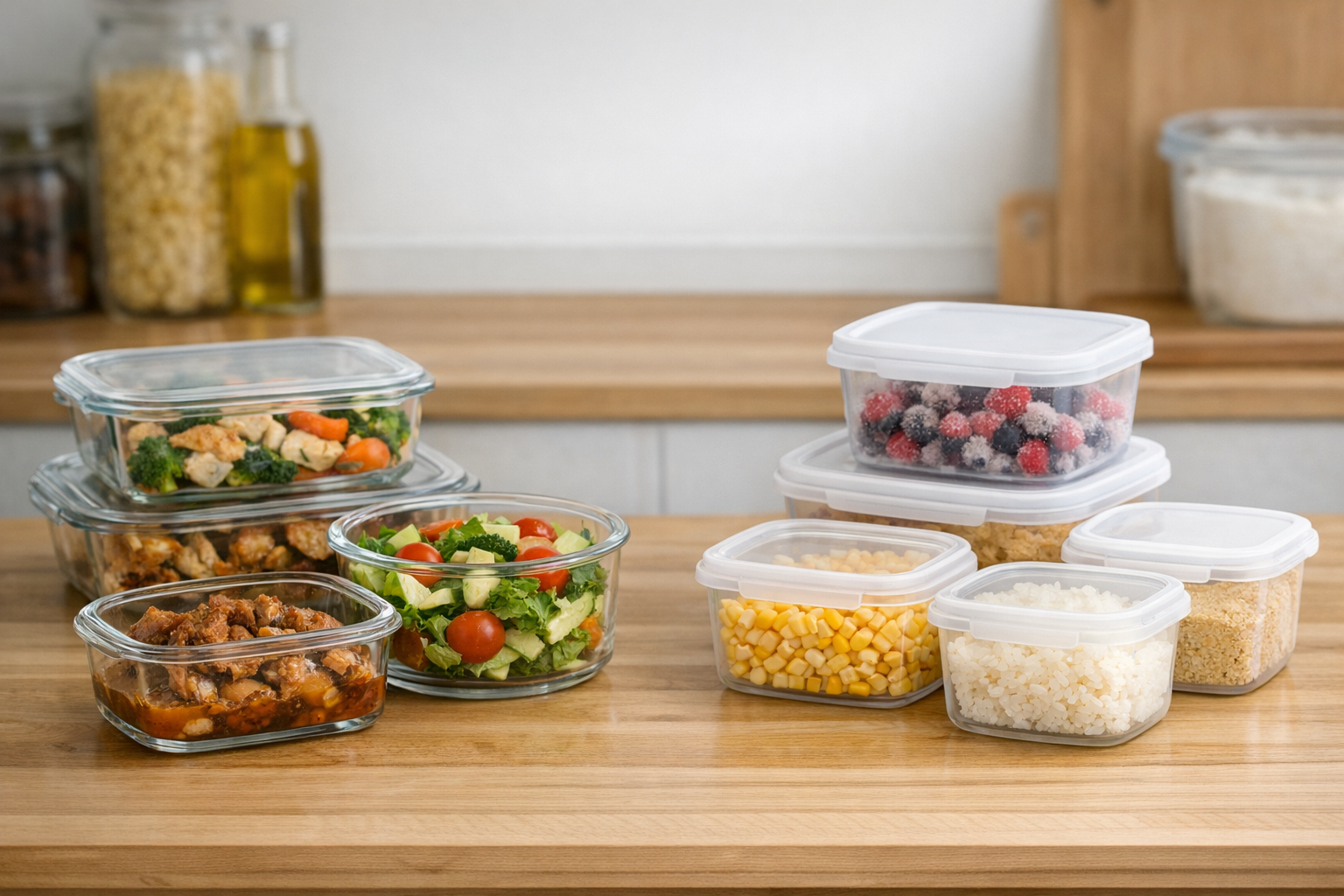 ガラス製とプラスチック製の保存容器が用途別に使い分けられている様子