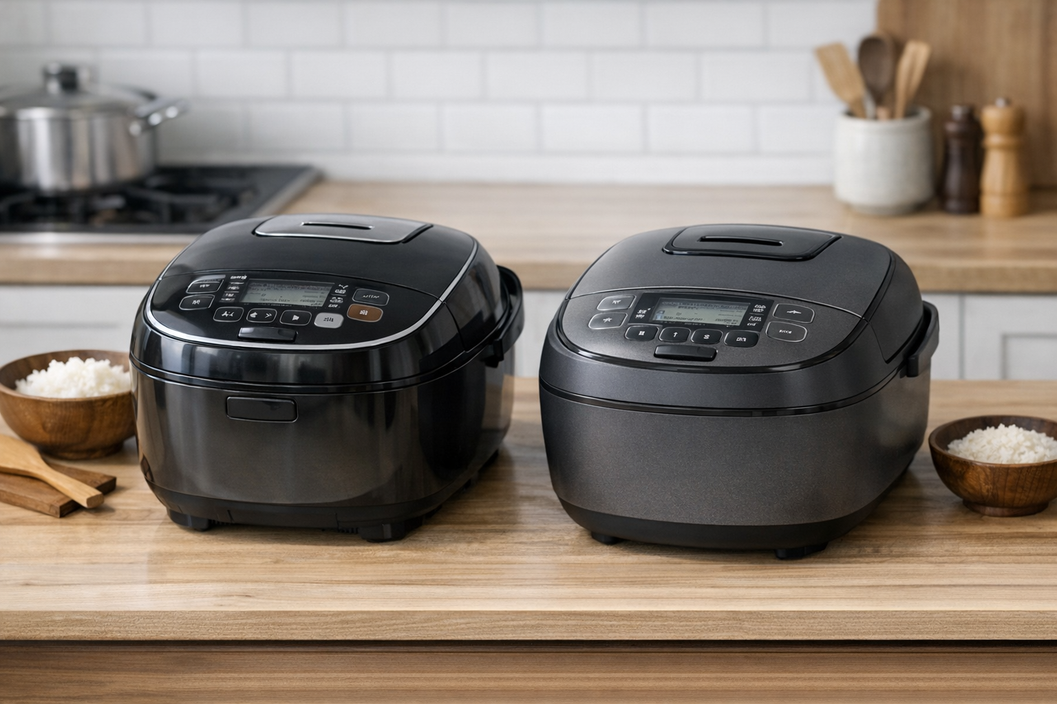 象印とタイガーの最新炊飯器が並んでいるイメージ
