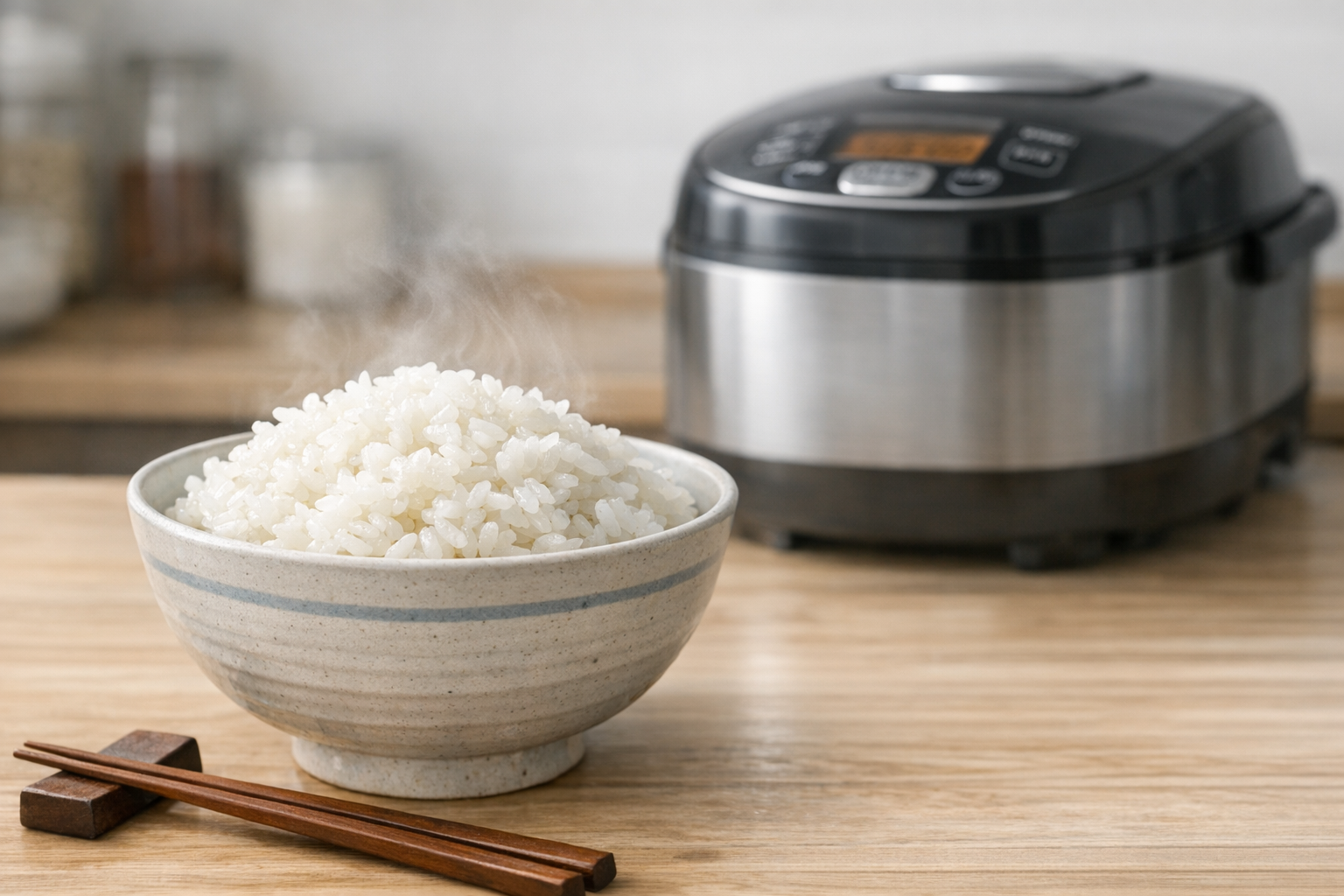 温かいご飯が盛られたお茶碗と背景に置かれた炊飯器