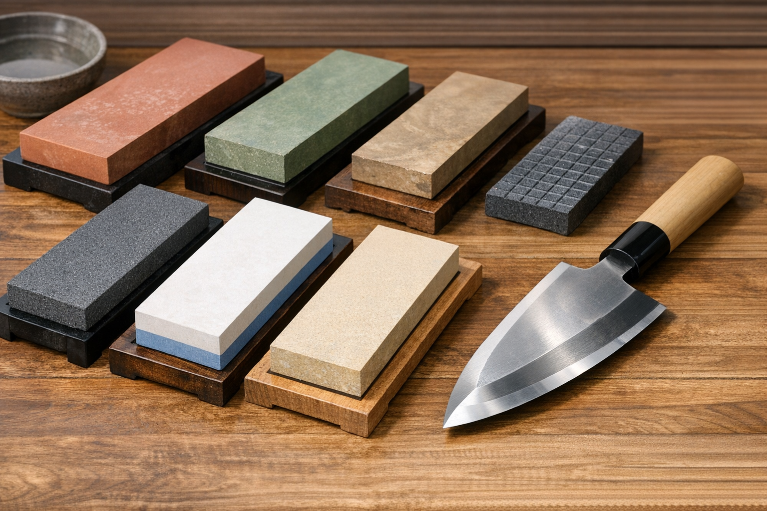 種類豊富な砥石と出刃包丁が並んでいるイメージ