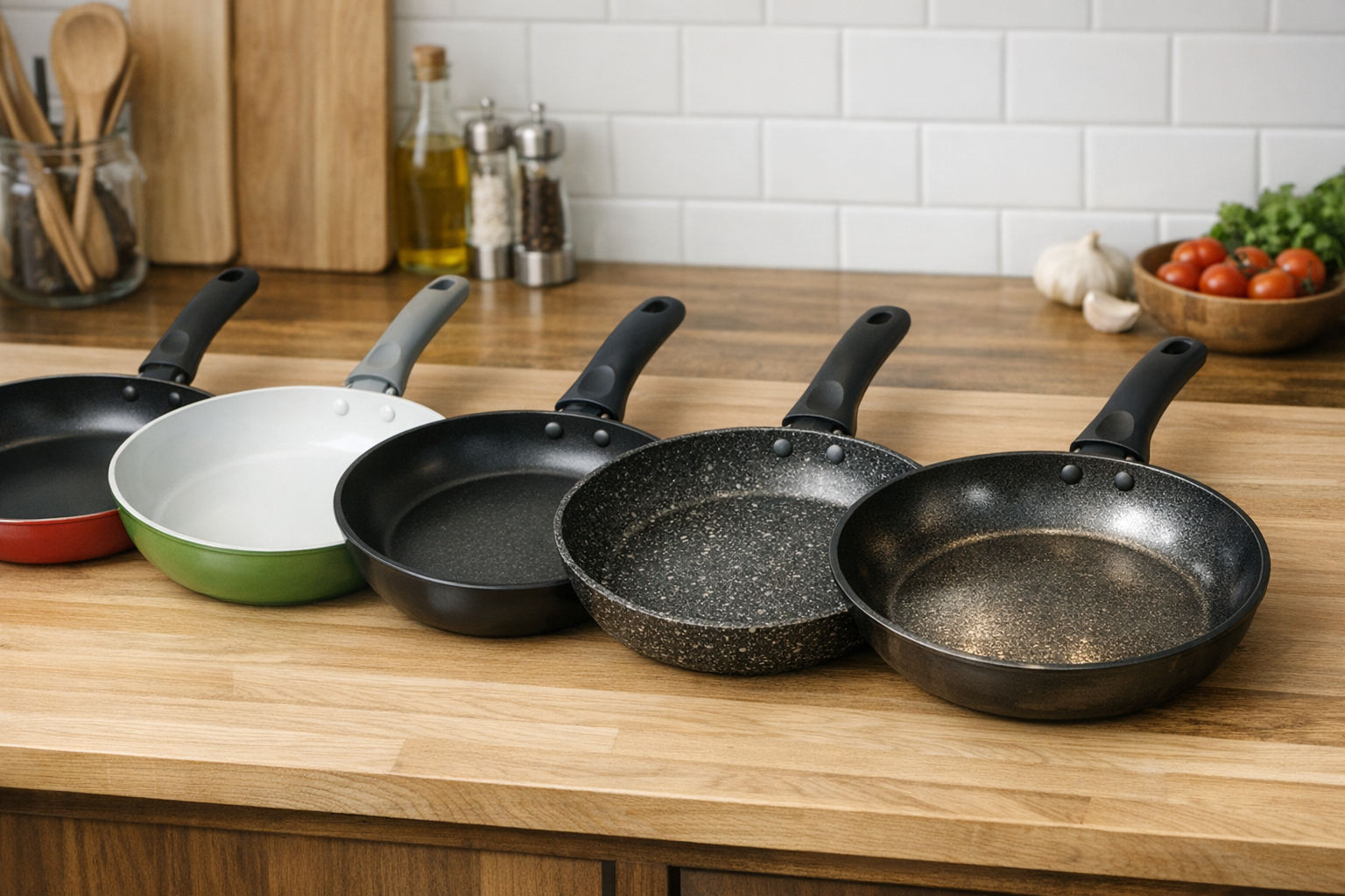 様々な種類のコーティングが施された色とりどりのフライパンがキッチンに並んでいる様子