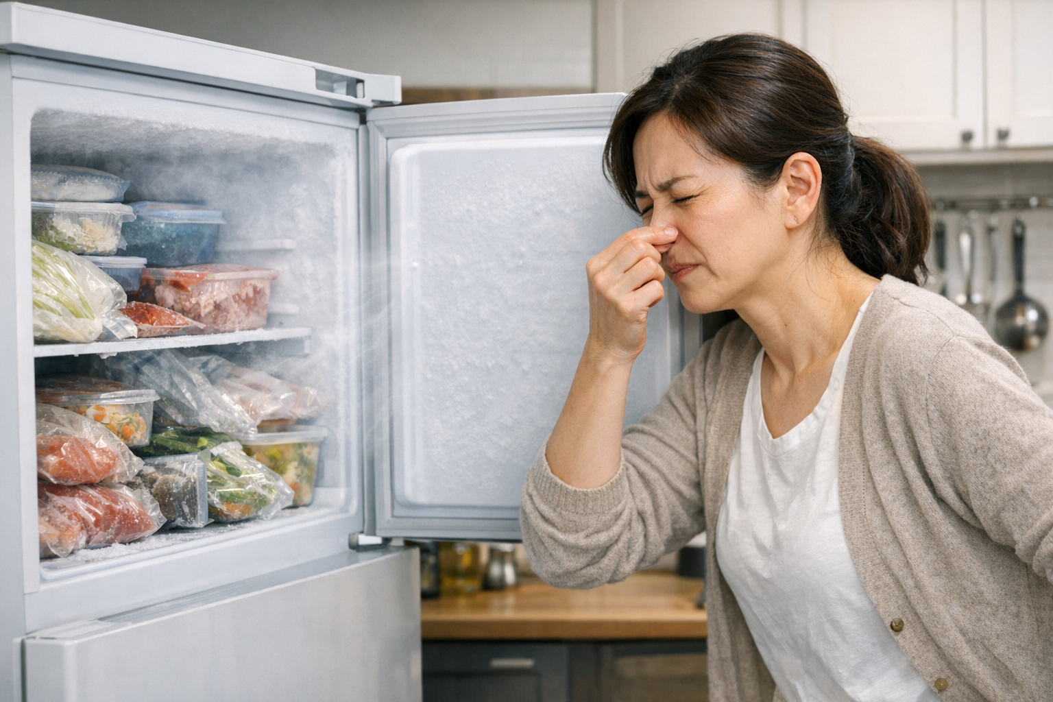 冷凍庫の不快なにおいに悩むキッチンシーン