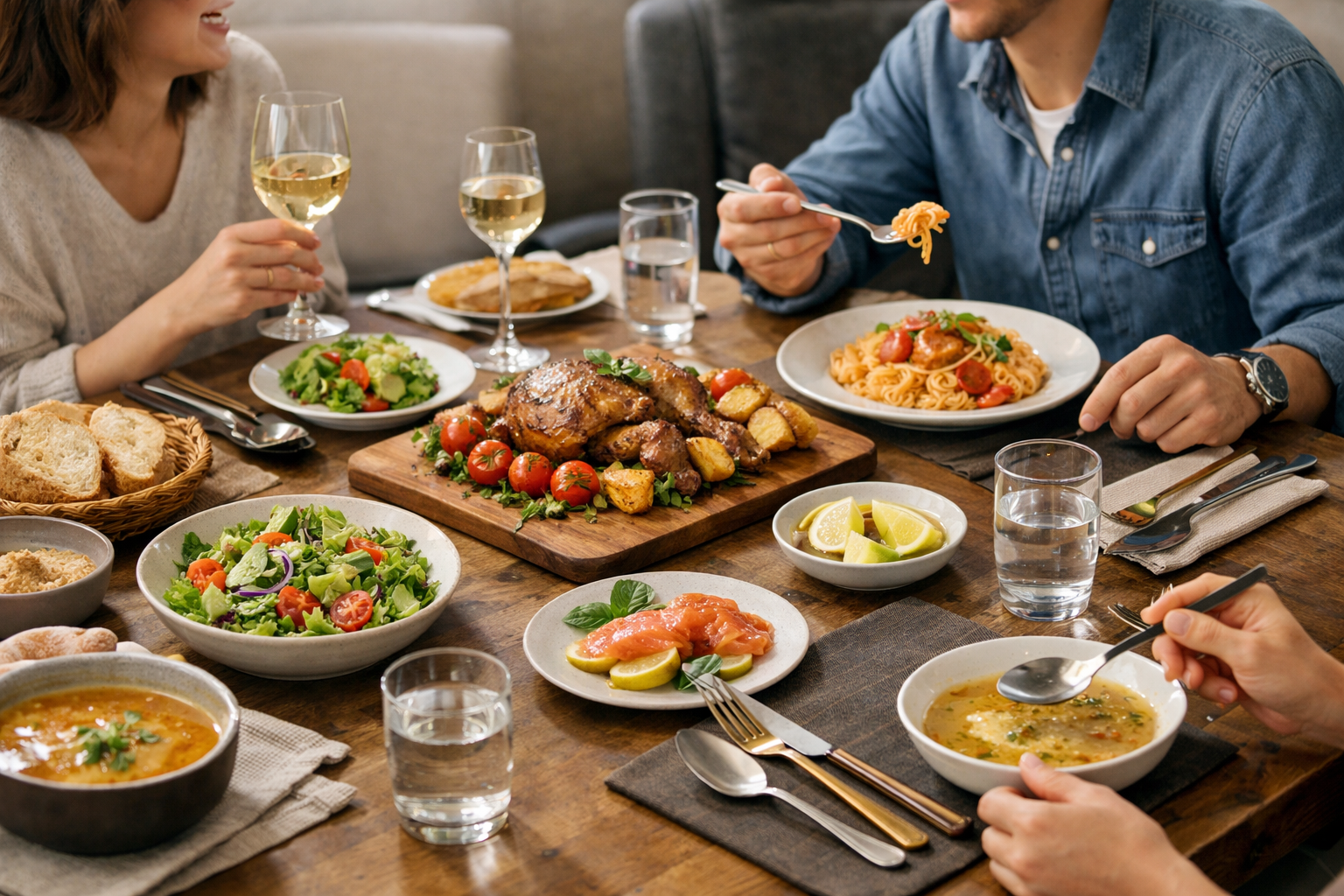 食卓に並んだ美味しい料理とおしゃれなカトラリー、楽しそうな食事の風景