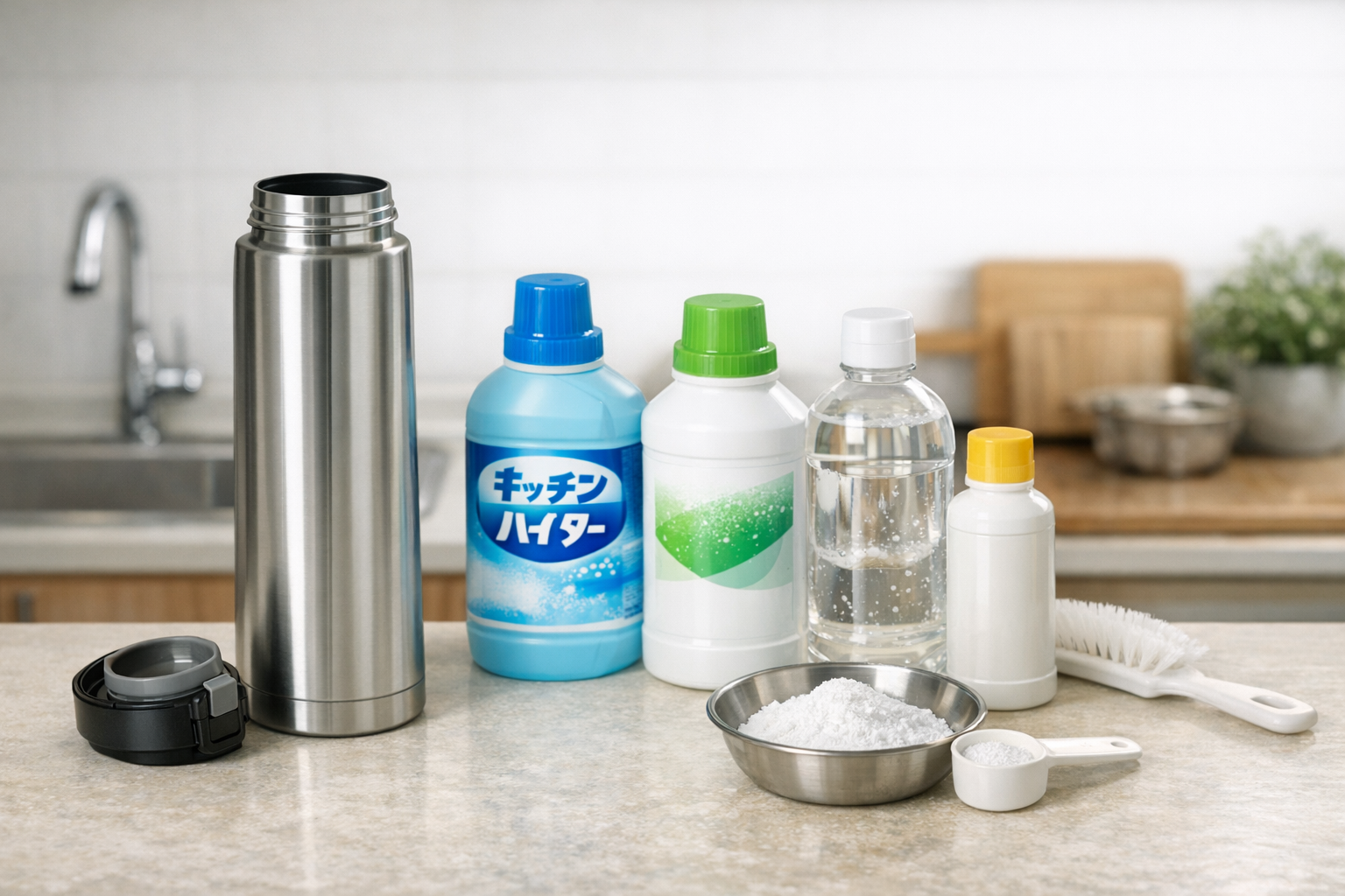清潔なステンレス水筒と、キッチンハイターや酸素系漂白剤などの洗浄用品が並んでいる様子