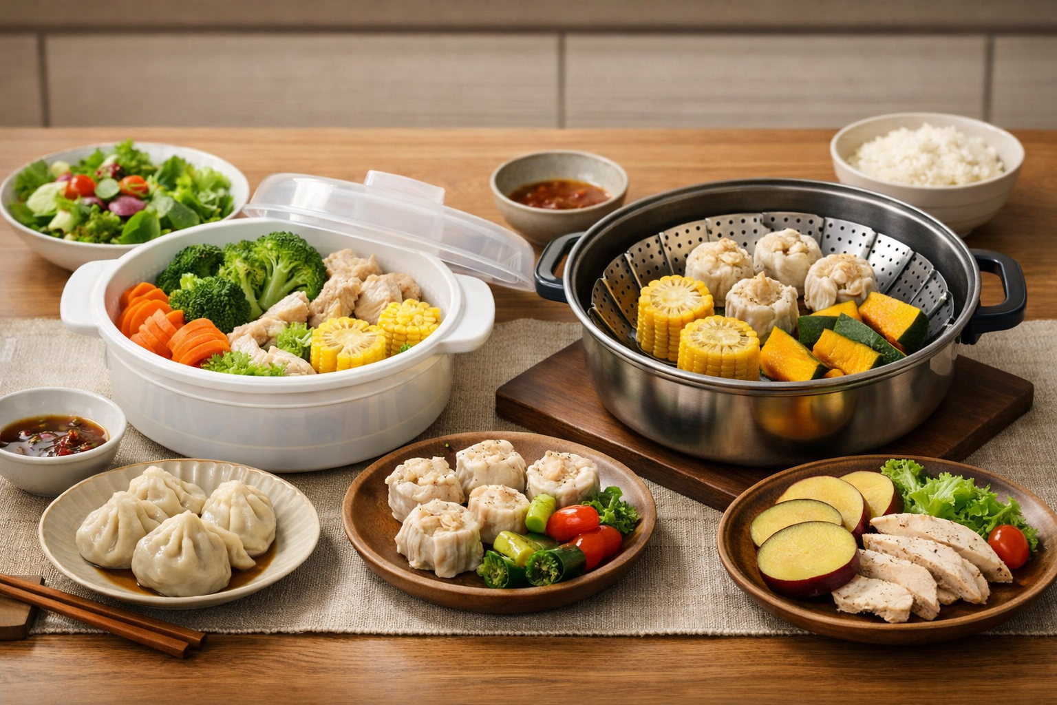 100均蒸し器を上手に活用して作られた美味しそうな食卓の風景イメージ画像