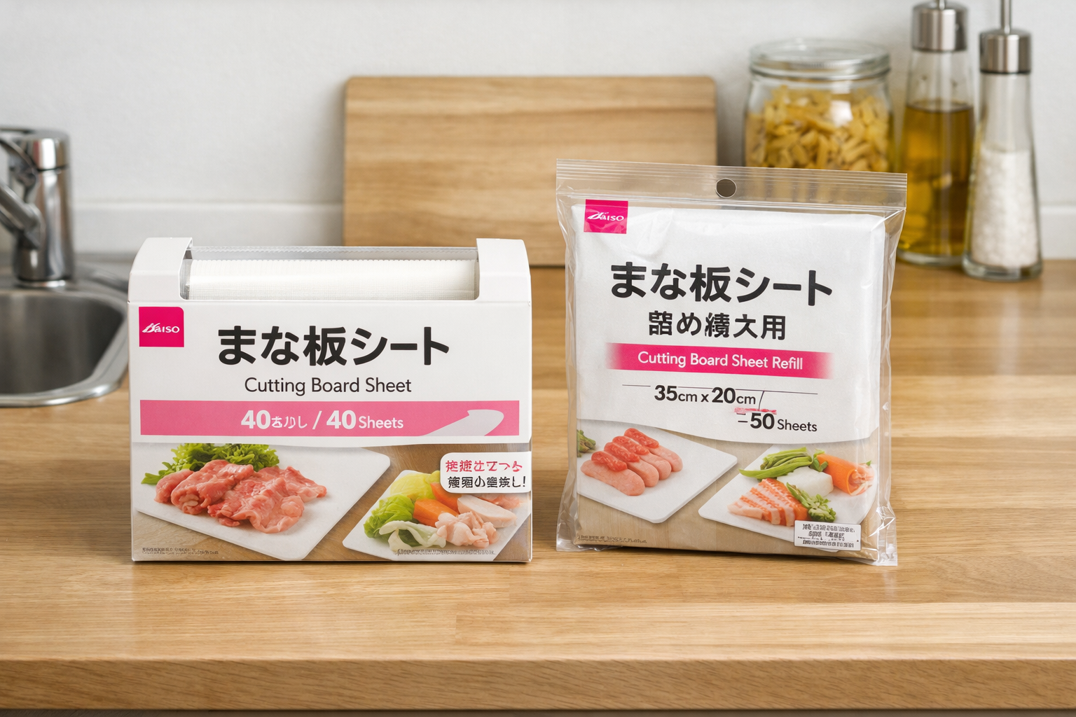 ダイソーのまな板シート(本体と詰め替え用)のパッケージがキッチンカウンターに並んでいる様子
