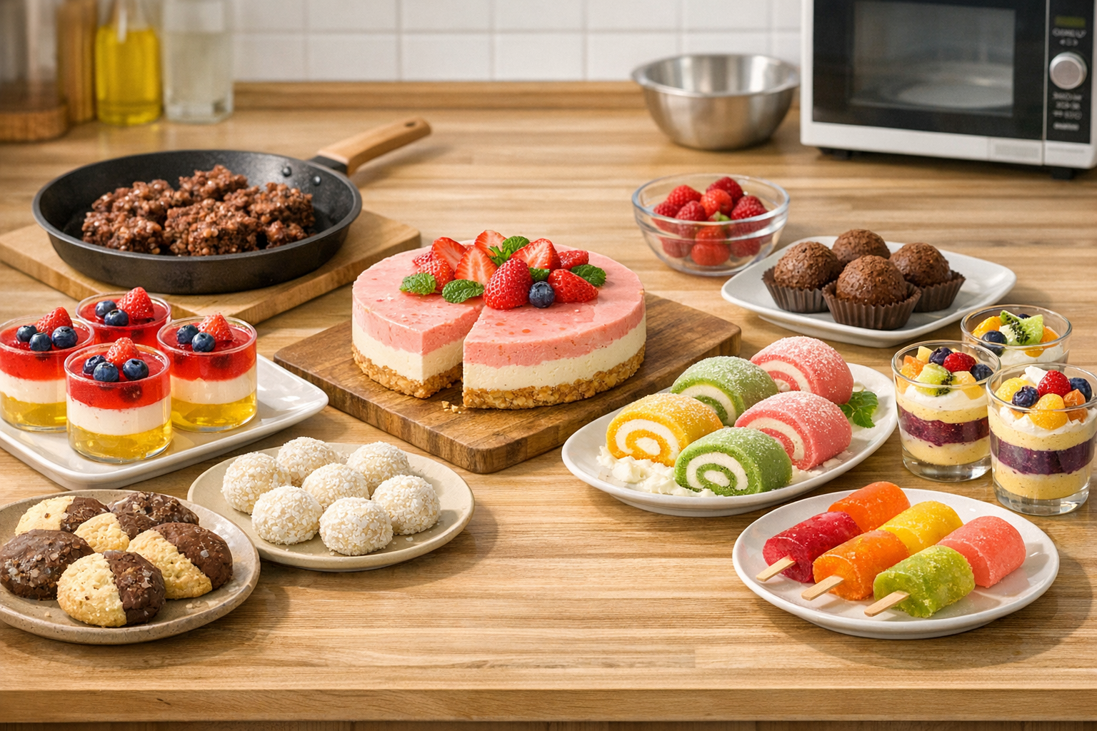オーブンを使わずに作れる色鮮やかな手作りお菓子の集合イメージ