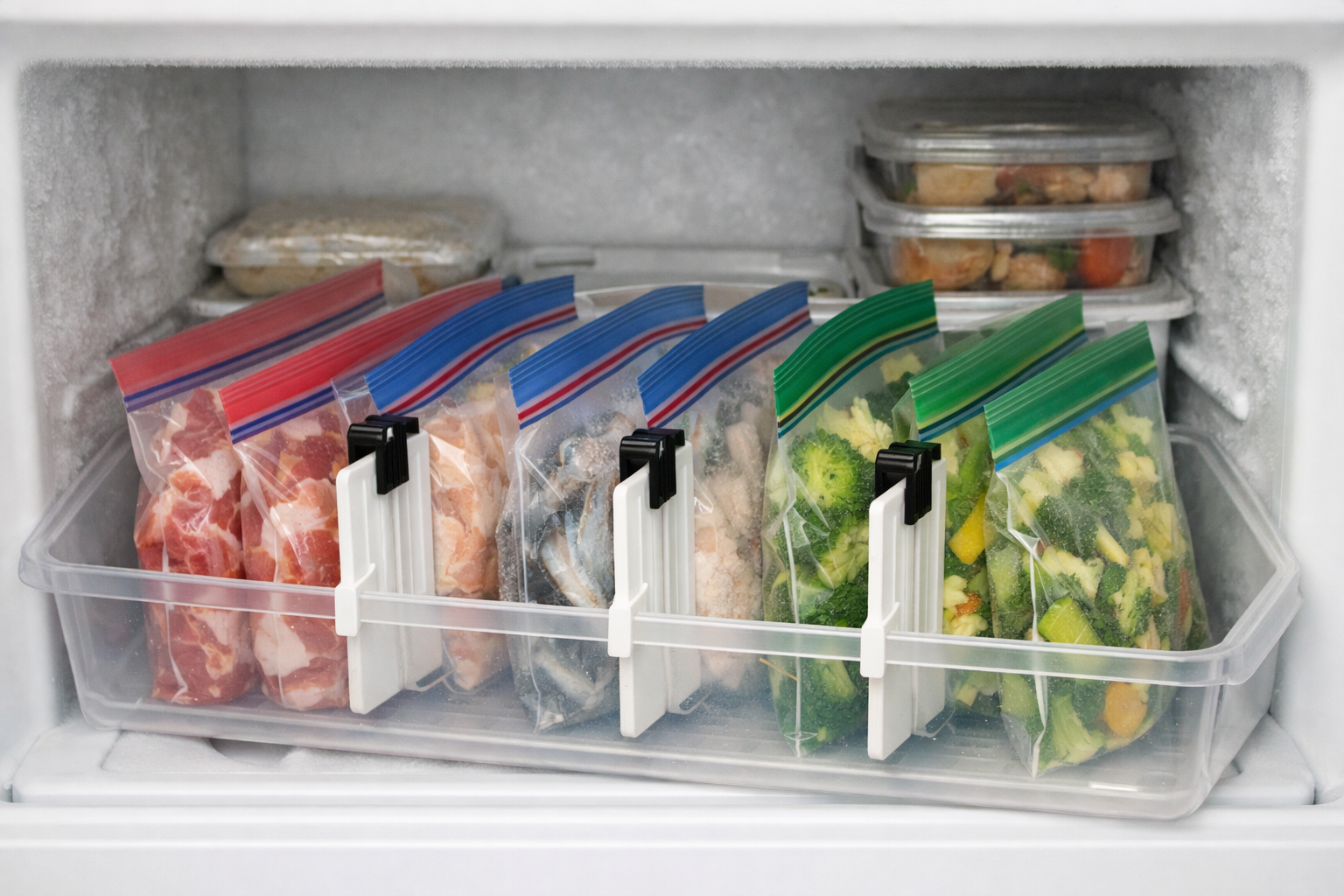 一人暮らし用サイズの小さな冷凍庫内で、ダイソーのクリップ式仕切りを使ってフリーザーバッグが立てられている様子