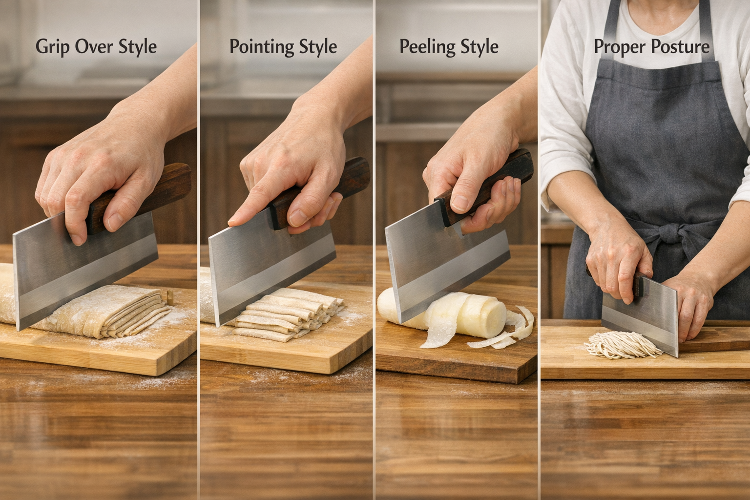 これまで解説した複数の持ち方（支柱式、卓刀式、皮むきの際の持ち方）と正しい立ち姿勢のおさらいを示すインフォグラフィック