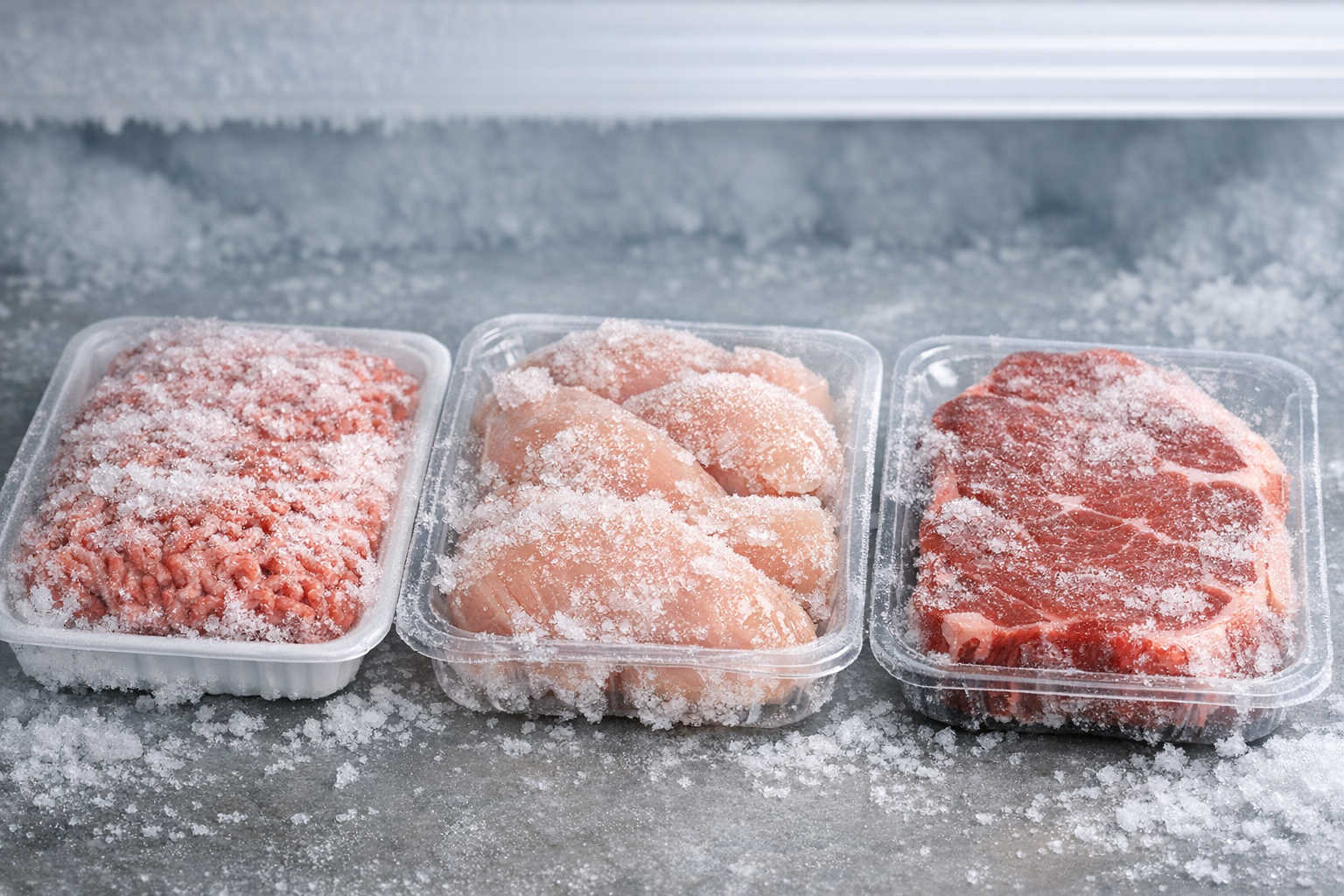パックのまま冷凍された肉と霜が付着した様子