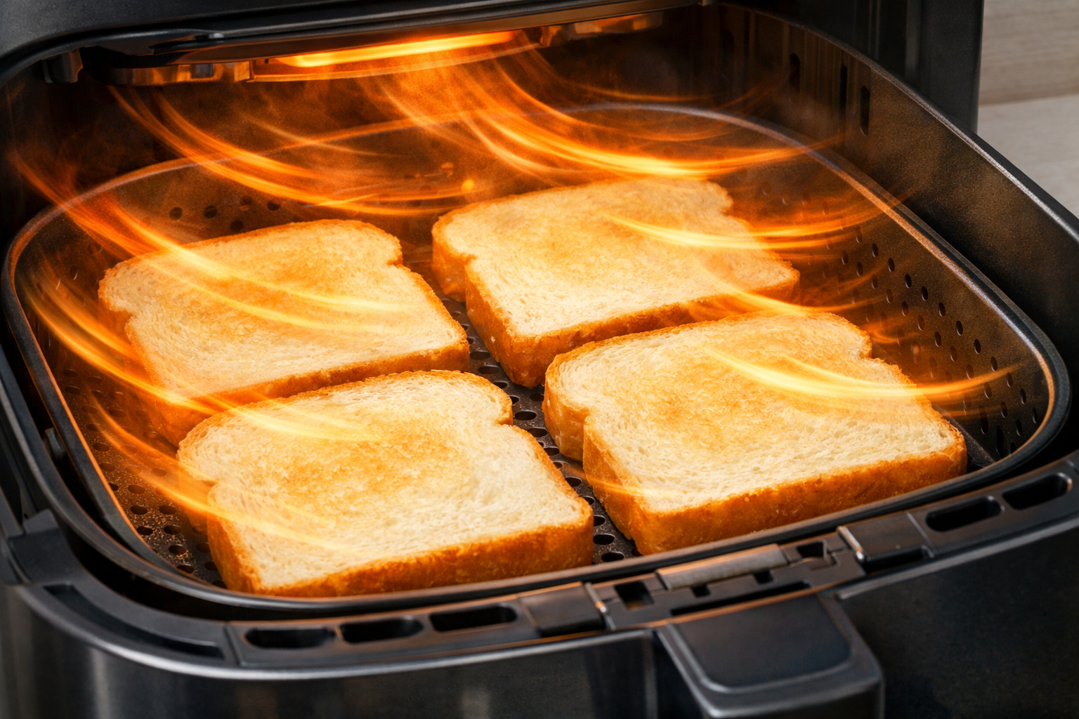 ノンフライヤーのバスケット内に並べられた食パンと熱風のイメージ