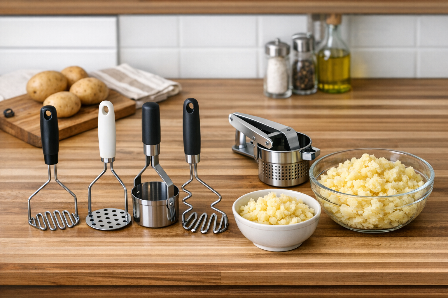 様々な種類のマッシャーと潰したじゃがいもが並んでいるキッチン風景
