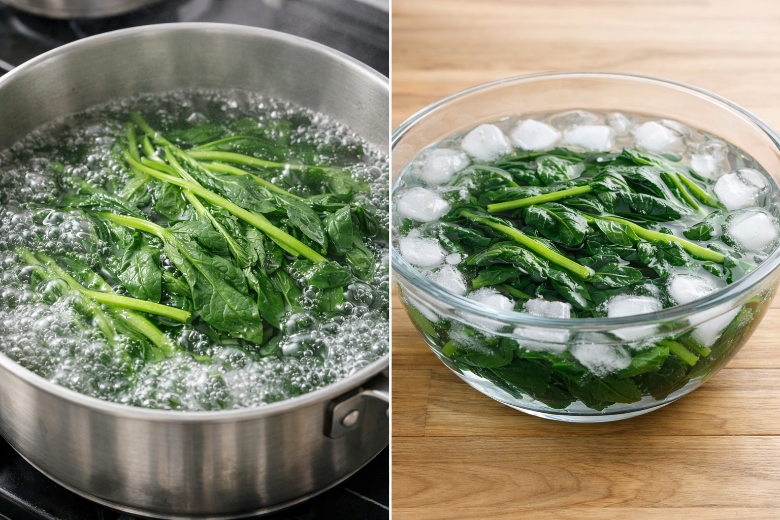 ほうれん草をたっぷりの湯で茹で、水にさらす一連の工程図