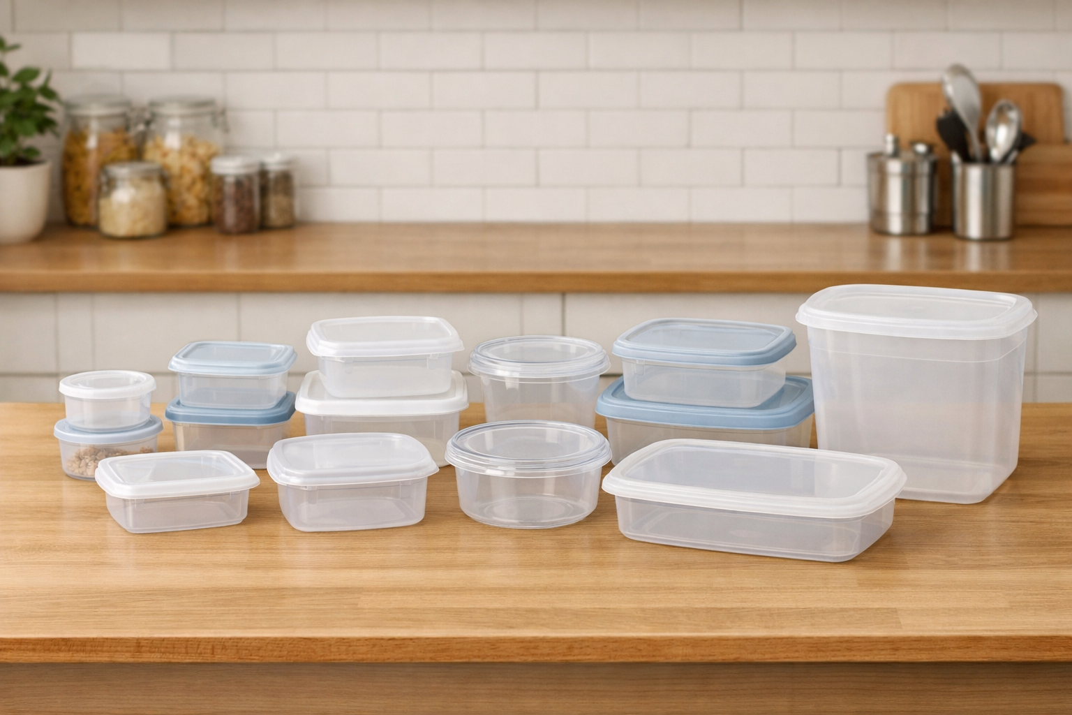 さまざまなサイズや形のプラスチック保存容器が整然と並んでいる様子