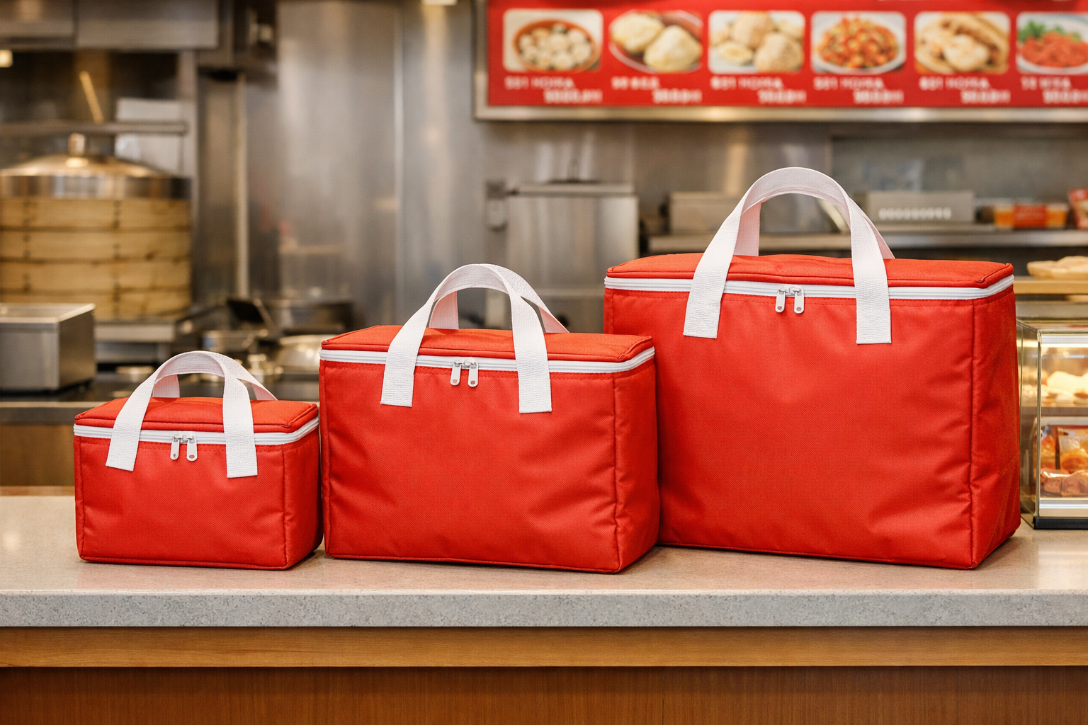 551蓬莱(ゴーゴーイチ)の店頭に並ぶサイズ違いの保冷バッグ