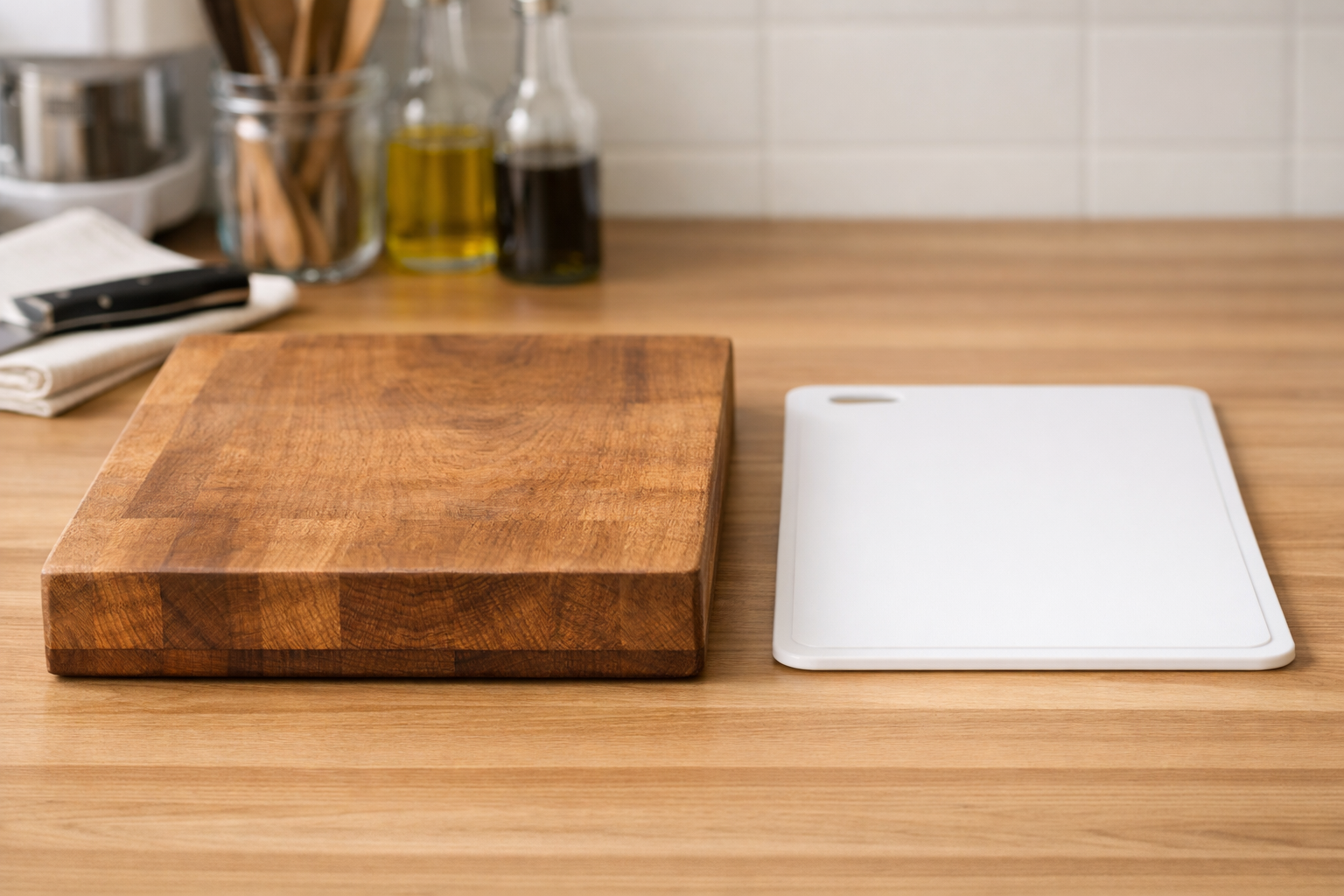 木製の分厚いまな板と、その横に置かれた薄型の樹脂製まな板