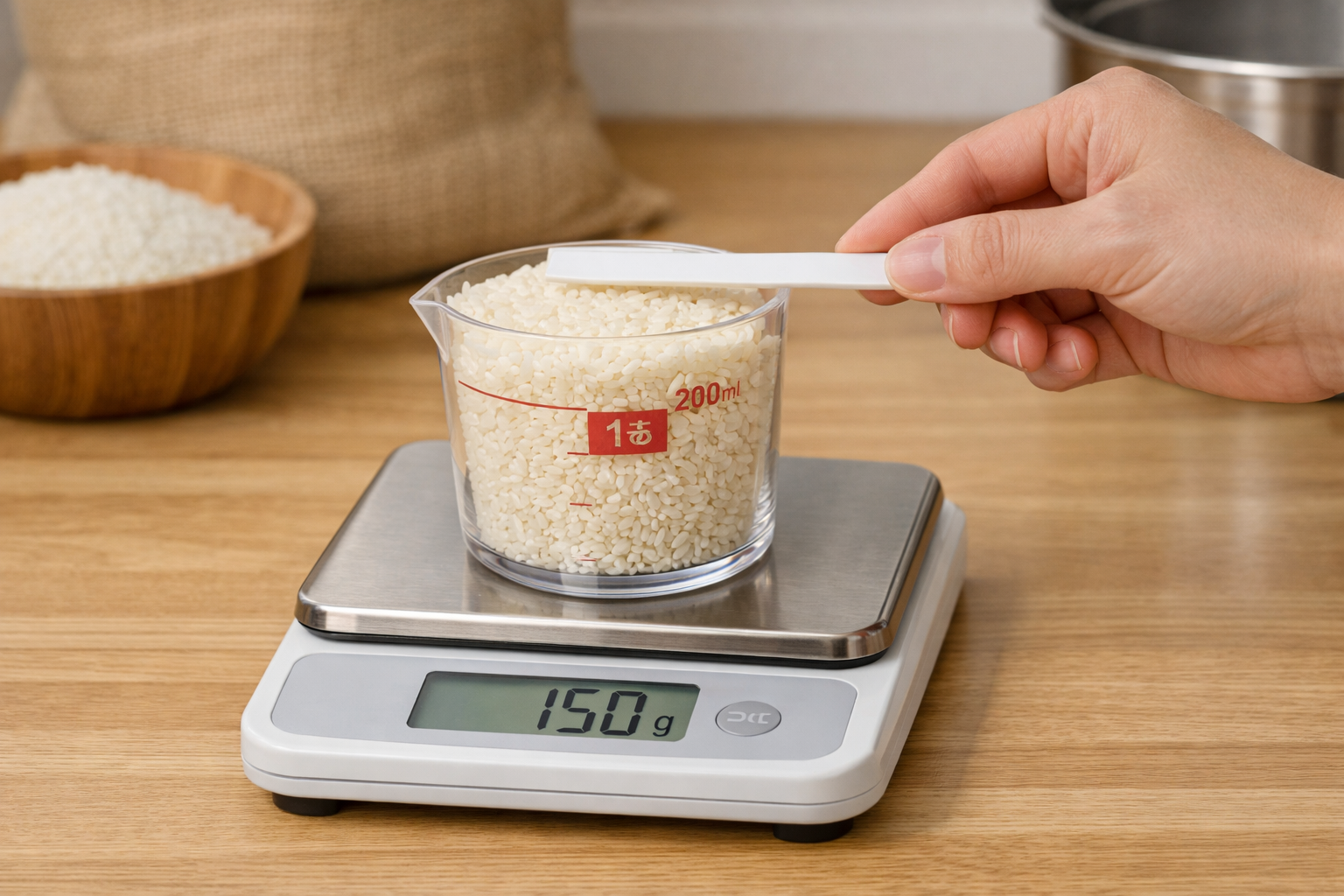 キッチンスケールに乗せた計量カップと、すりきり棒を使ってお米を測る様子
