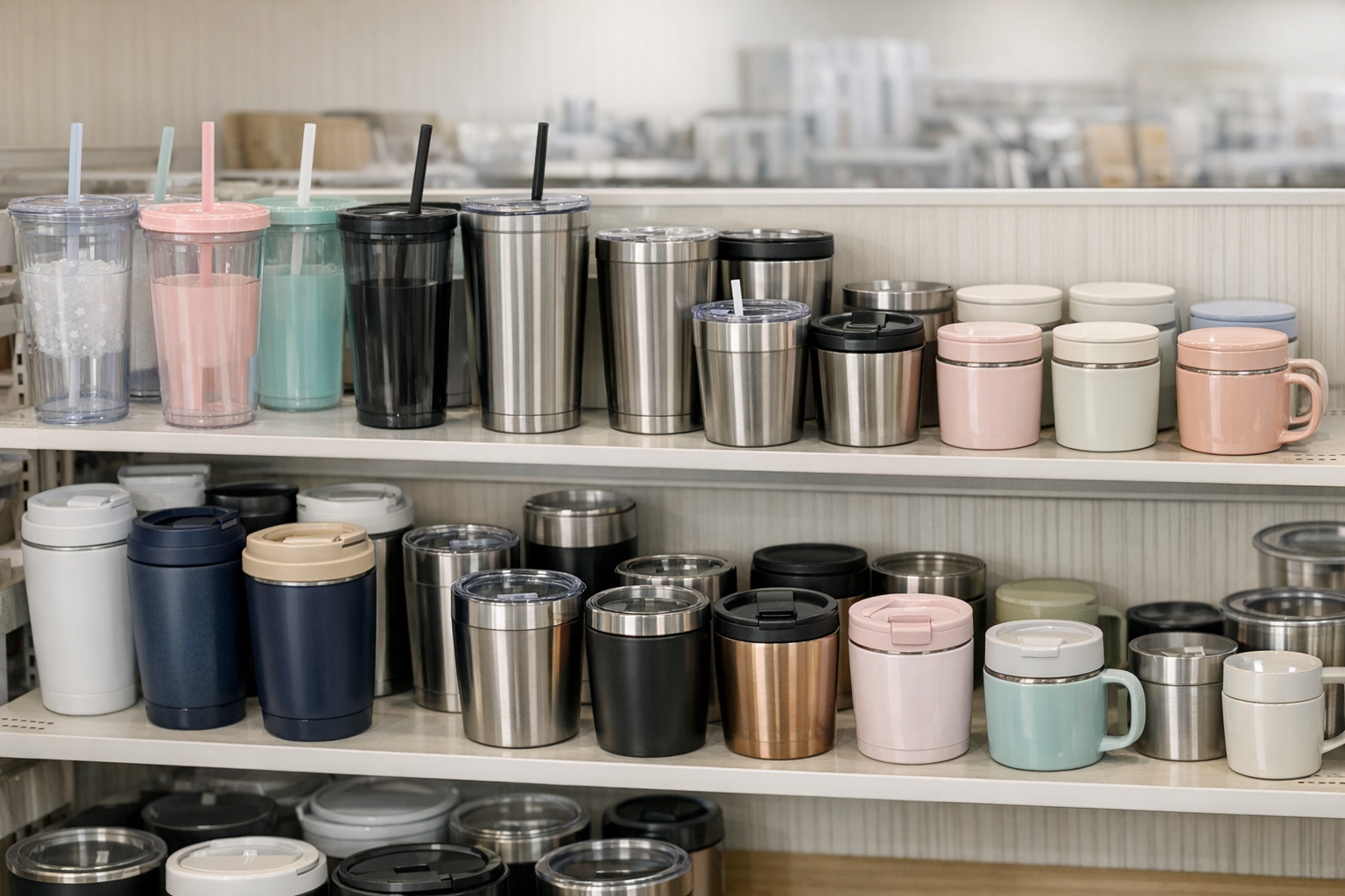 セリアの店頭に並ぶ多種多様なタンブラーのイメージ