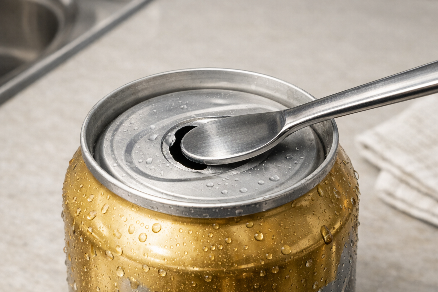 プルタブが取れてしまったビール缶の飲み口部分を、スプーンの柄の底で押し込んでいる様子