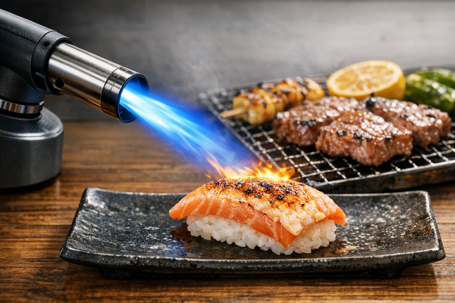 青い炎を上げる調理用ガスバーナーと炙り料理のイメージ