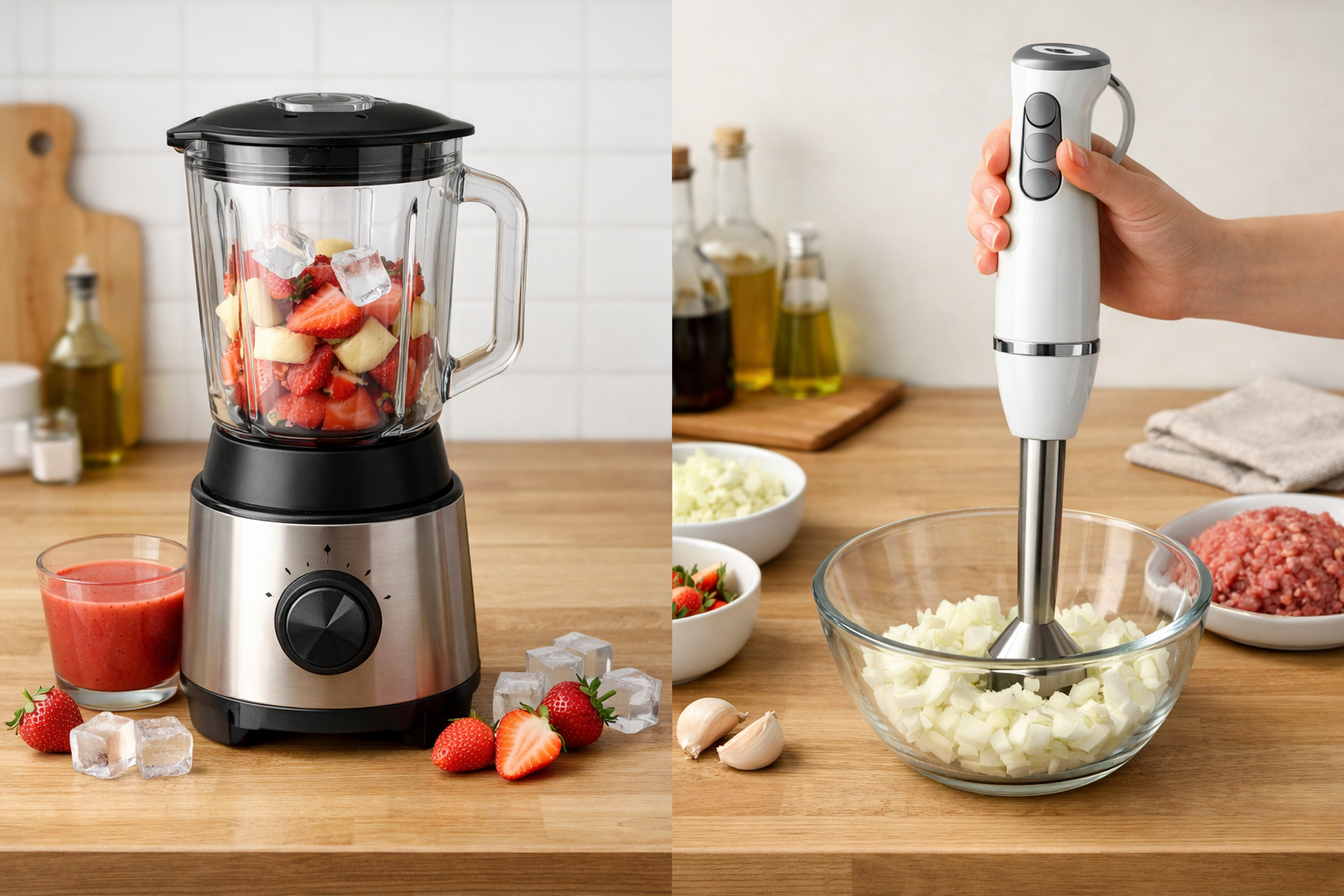 据え置き型ミキサーとスティック状のハンドブレンダーを比較するイメージ