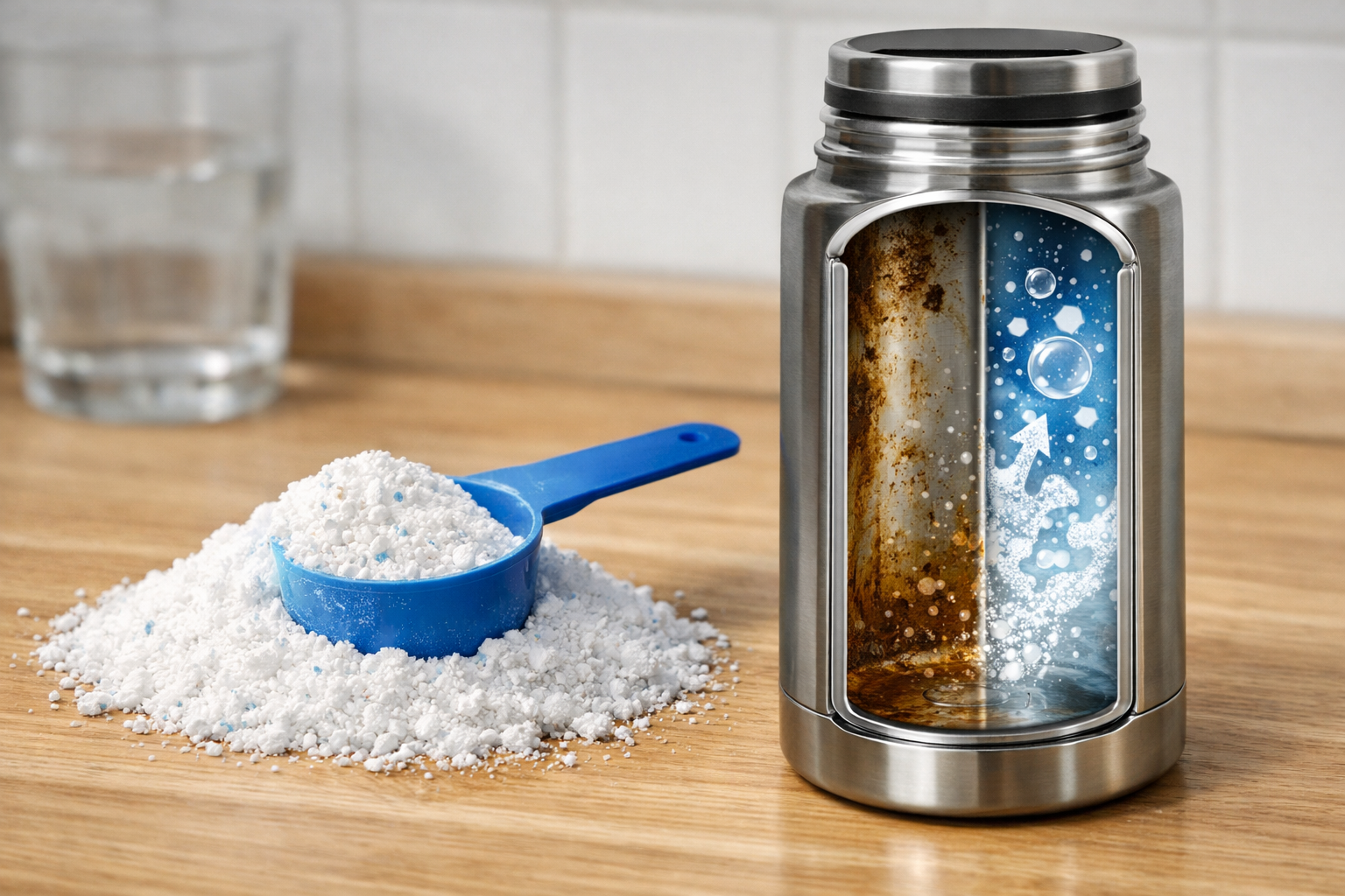 酸素系漂白剤の粉末とステンレスボトルの断面図イメージ