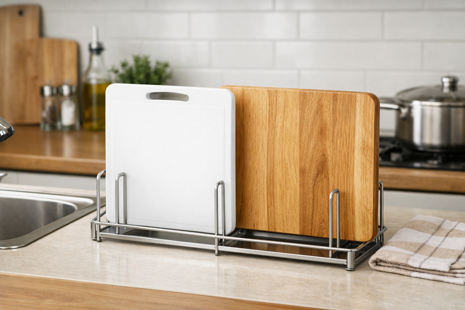 洗われて綺麗に乾燥されている木製とプラスチック製のまな板が立てられた、整理整頓されたキッチンの風景