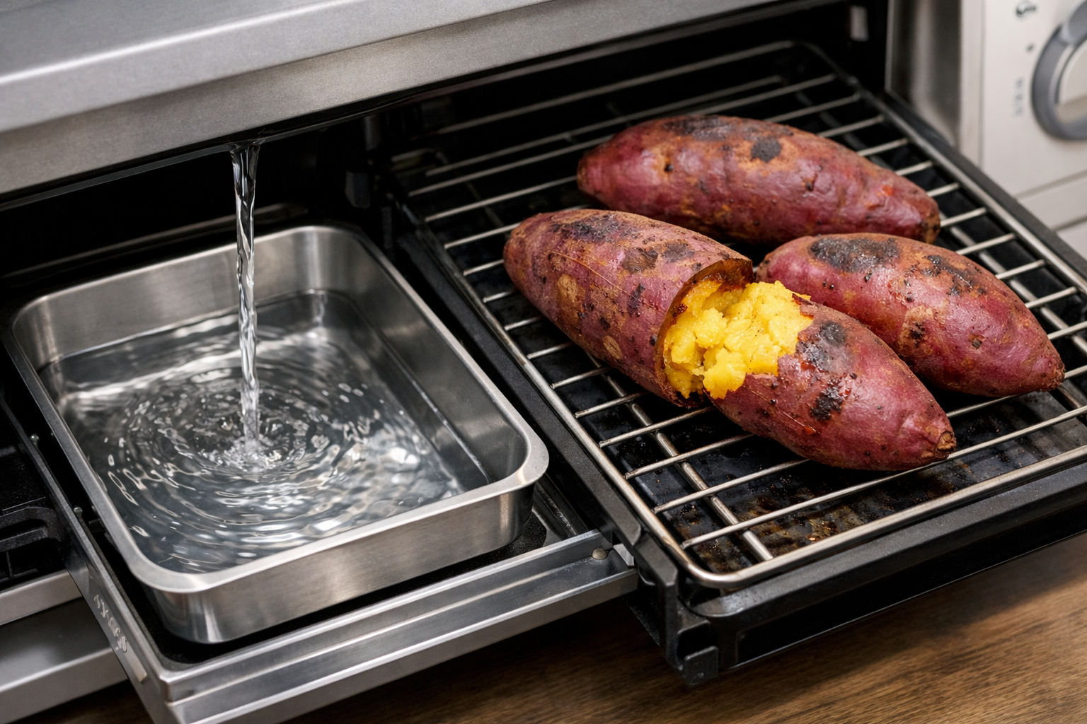 グリルの受け皿に水を入れている様子と、アルミホイルなしの焼き芋