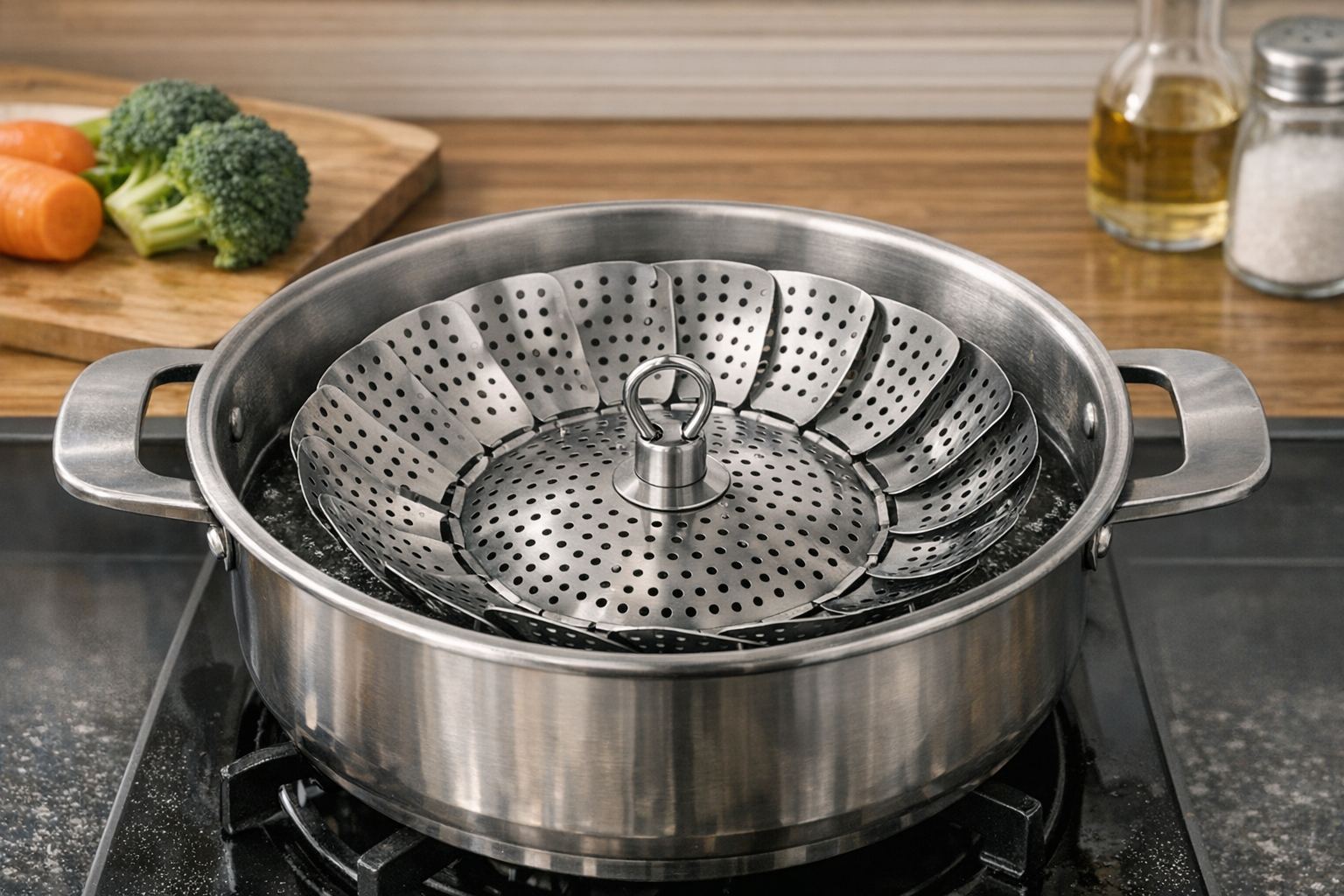 ダイソーで販売されている、花びらのように開閉する折りたたみ式のステンレス蒸し器